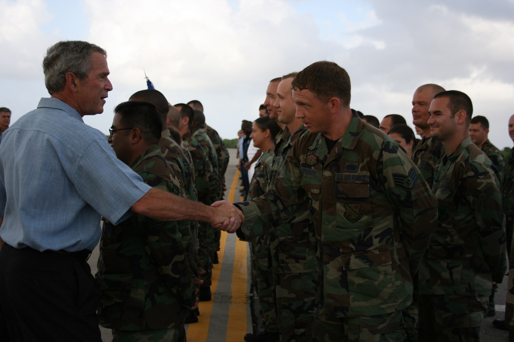 EIELSON AIR FORCE BASE, Alaska --  During his trips to combat zones President George Bush stopped by Naval Support Facility Diego Garcia and  took the time to meet  Staff Sgt. Anthony Sperry, 354th Maintenance Squadron. The Icemen were deployed there from May 25-Sept.5.(U.S. Air Force photo by Technical Sergean Michael Hummel)