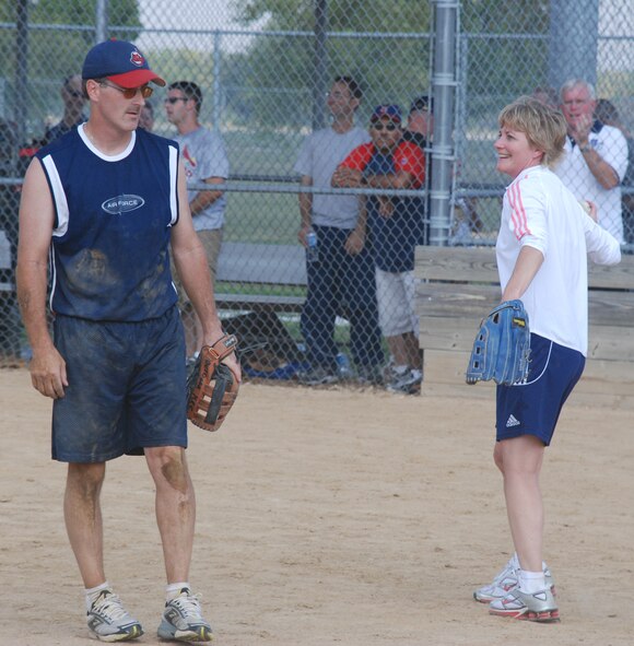 Long throw to 2nd base!  Comander off the 932nd Airlift Wing prepares to throw out the ball for a 10-10 tie.