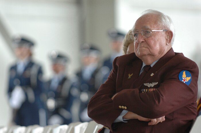 James Gatch listens toremarks by Col. John Michel, 437th Airlift Wing vice commander, during the POW/MIA ceremony at Charleston AFB Sept. 21. (Air Force photo/James Bowman)
