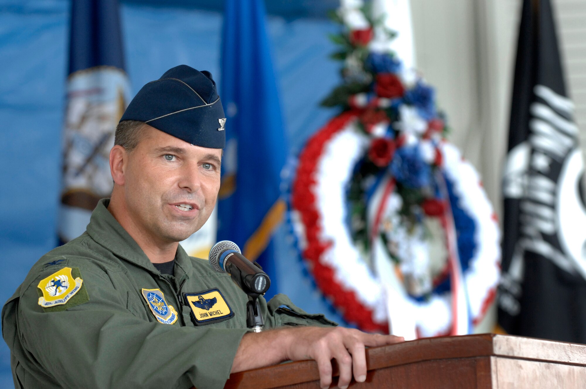 Col. John Michel, 437th Airlift Wing vice commander, gives his remarks during the POW/MIA ceremony on Charleston AFB Sept. 21. (Air Force photo/James Bowman)