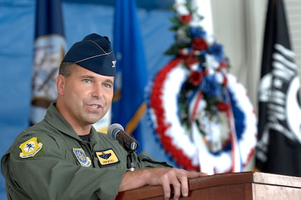 Col. John Michel, 437th Airlift Wing vice commander, gives his remarks during the POW/MIA ceremony on Charleston AFB Sept. 21. (Air Force photo/James Bowman)