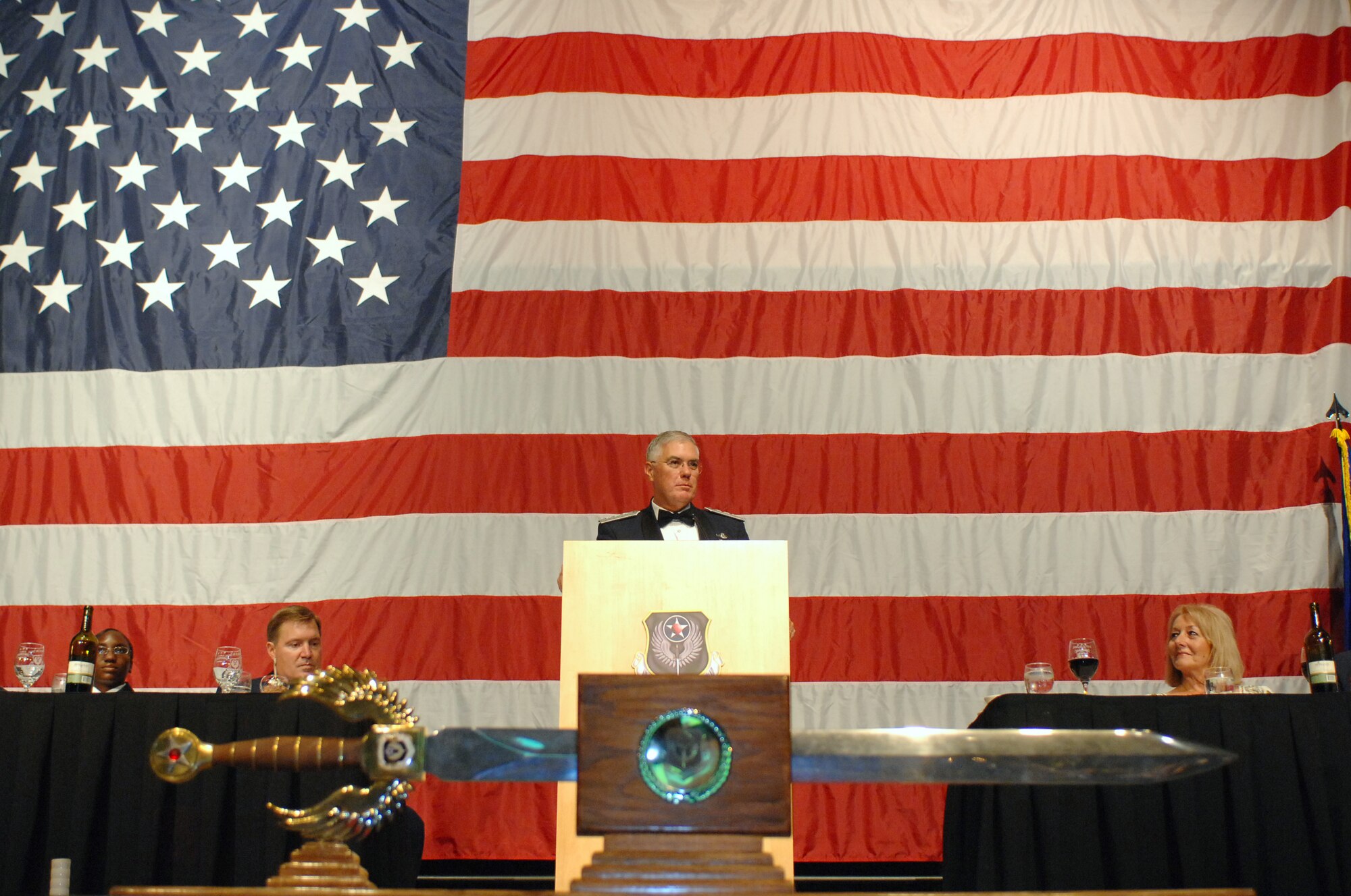 Lt. Gen. Mike Wooley, Air Force Special Operations Command, commander, gives a speech and thanks the enlisted members of AFSOC for inducting him into the Order of the Sword at the Emerald Coast Conference Center, Okaloosa Island, Fla., Sept. 21, 2007. The Order of the Sword is the highest and most prestigious award that can be given to an officer by enlisted military members. (U.S. Air Force photo by SrA Julianne M. Showalter)(RELEASED)