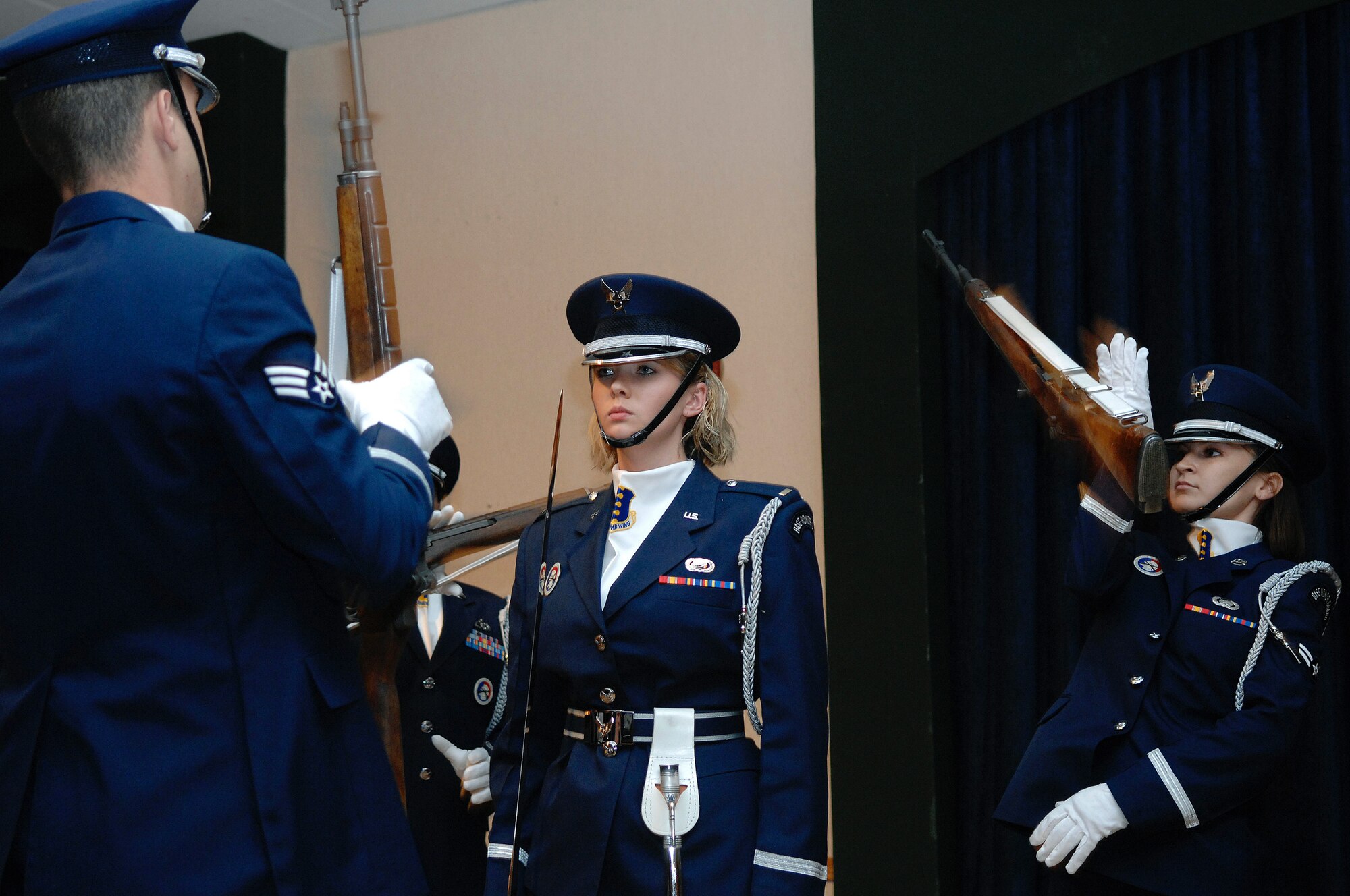 The 28th Bomb Wing Honor Guard Drill Team performs during the Air Force Ball at Ellsworth Air Force Base, S.D., Sept. 22, 2007. Ellsworth is hosting this ball in commemoration of the Air Force's 60th anniversary. (U.S. Air Force photo by SSgt Michael B. Keller)