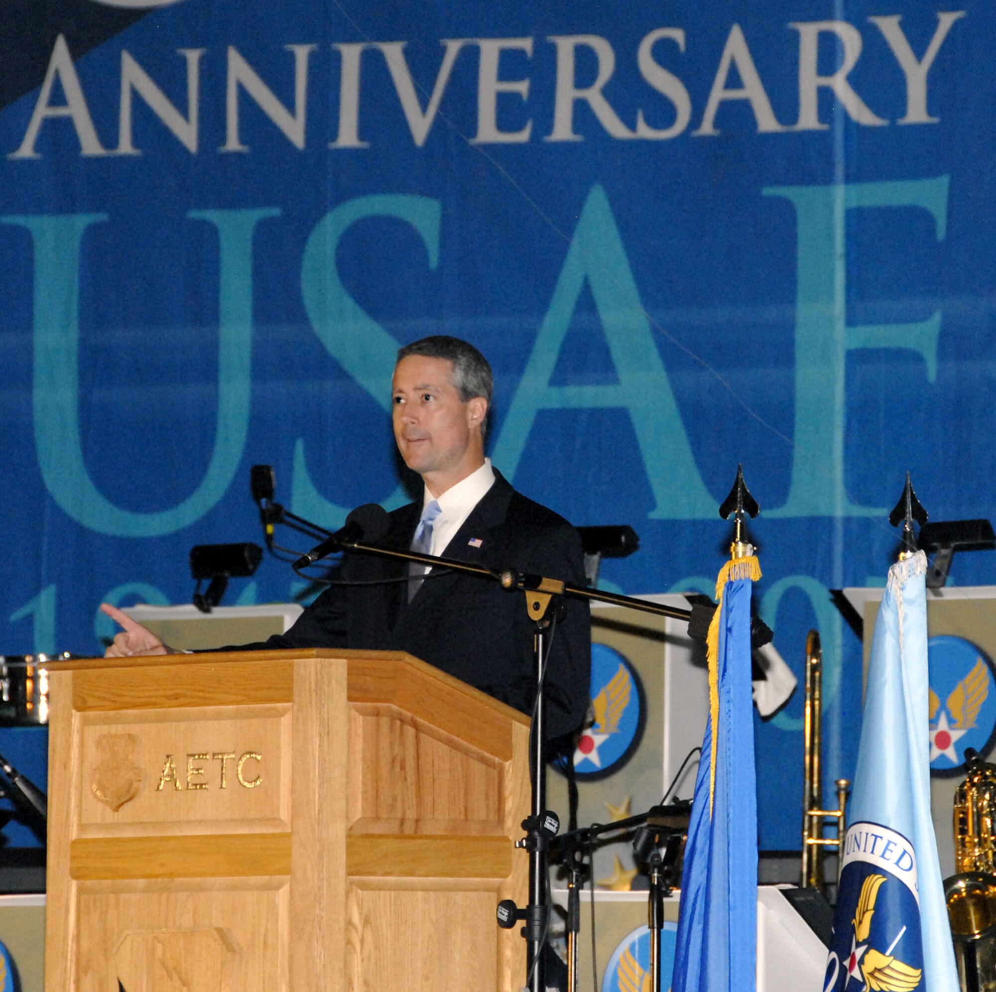 U.S. Congressman Rep. Mac Thornberry, R-Clarendon, wishes the Air Force a happy 60th Anniversary Sept. 22 at Sheppard's celebration of the historic mark for the service. Rep. Thornberry was the keynote speaker at the event. (U.S. Air Force photo/Sandy Wassenmiller)