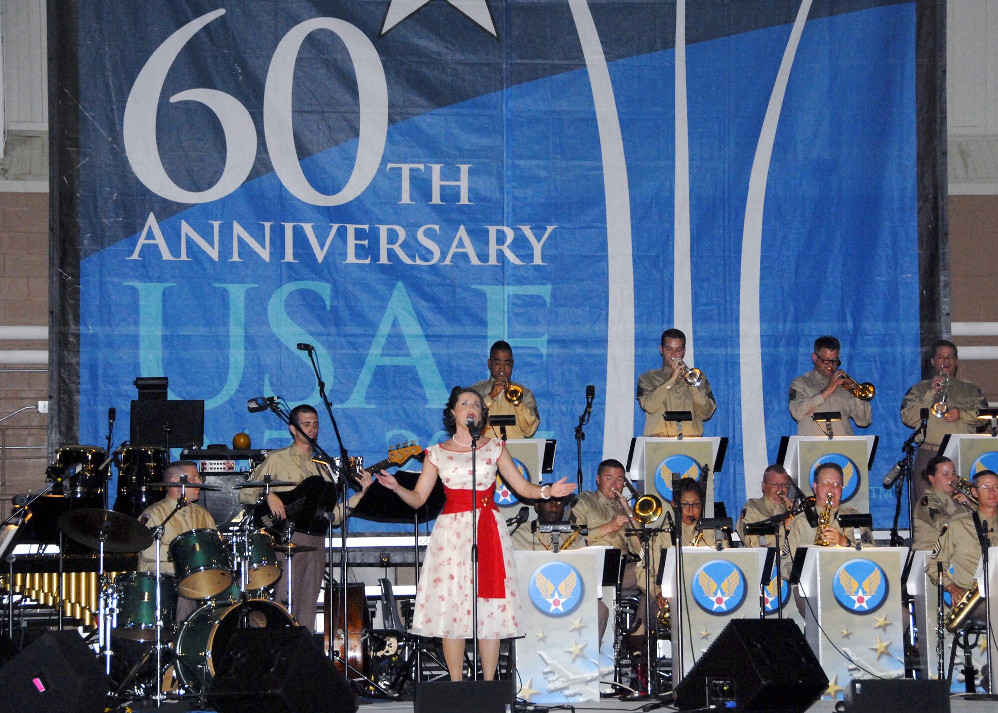 The Air Force Band of the West provides musical entertainment for more than 1,000 Airmen and guests Sept. 22 at Sheppard's celebration of the service's 60th Anniversary. As the band played, several Team Sheppard members in vintage Air Force uniforms hit the floor for a little swing dancing. (U.S. Air Force photo/Sandy Wassenmiller)