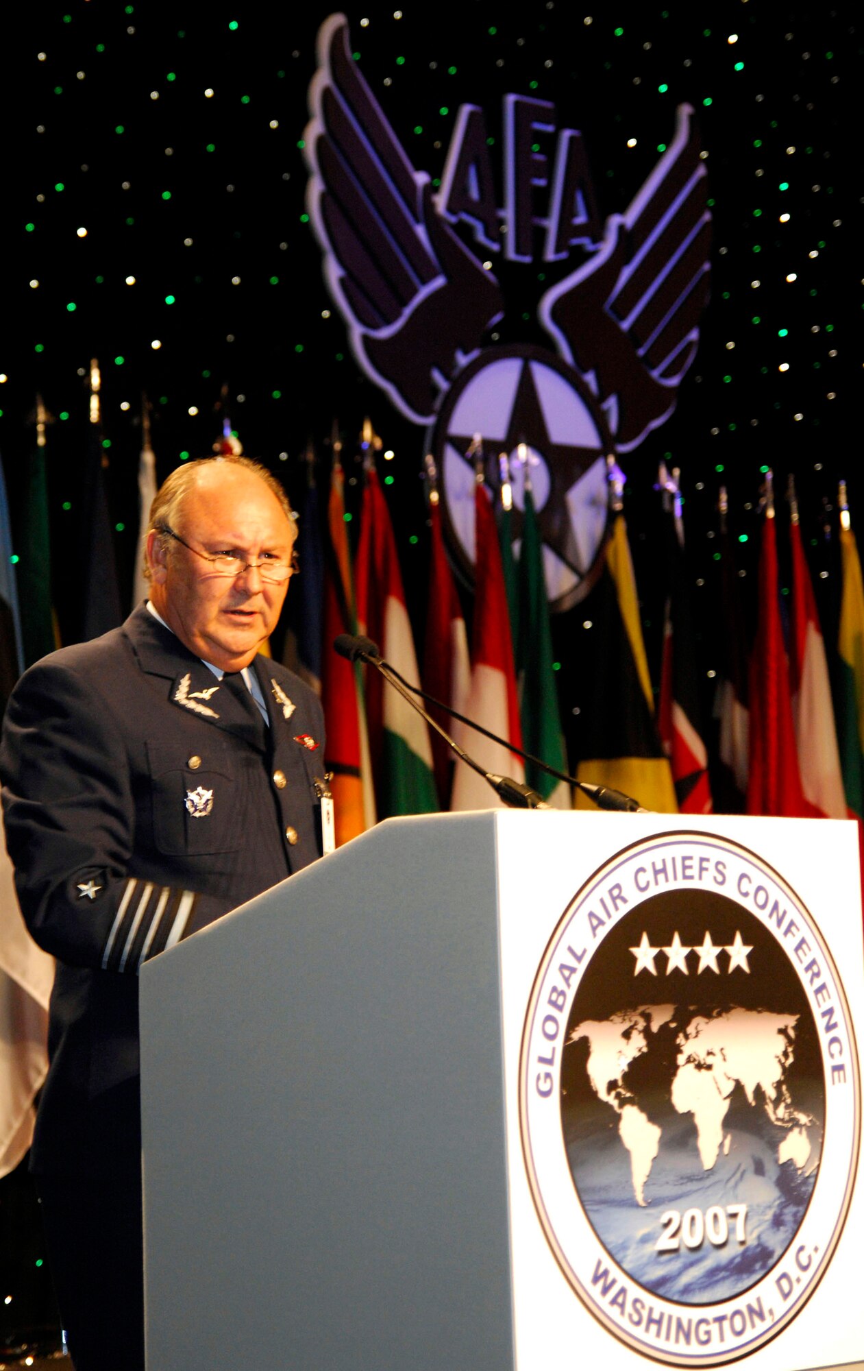Gen. Ricardo Ortego Perrier addresses more than 90 international air chiefs Sept. 25 at one of three air chiefs' forums held during the Global Air Chiefs Conference in Washington. The GACC, hosted by Gen. T. Michael Moseley, runs concurrently with the Air Force Association's Air & Space Conference and Technology Exposition. General Perrier is the Chilean air force commander in chief. General Moseley is the U.S. Air Force chief of staff. (U.S. Air Force photo/Mike Paussic)