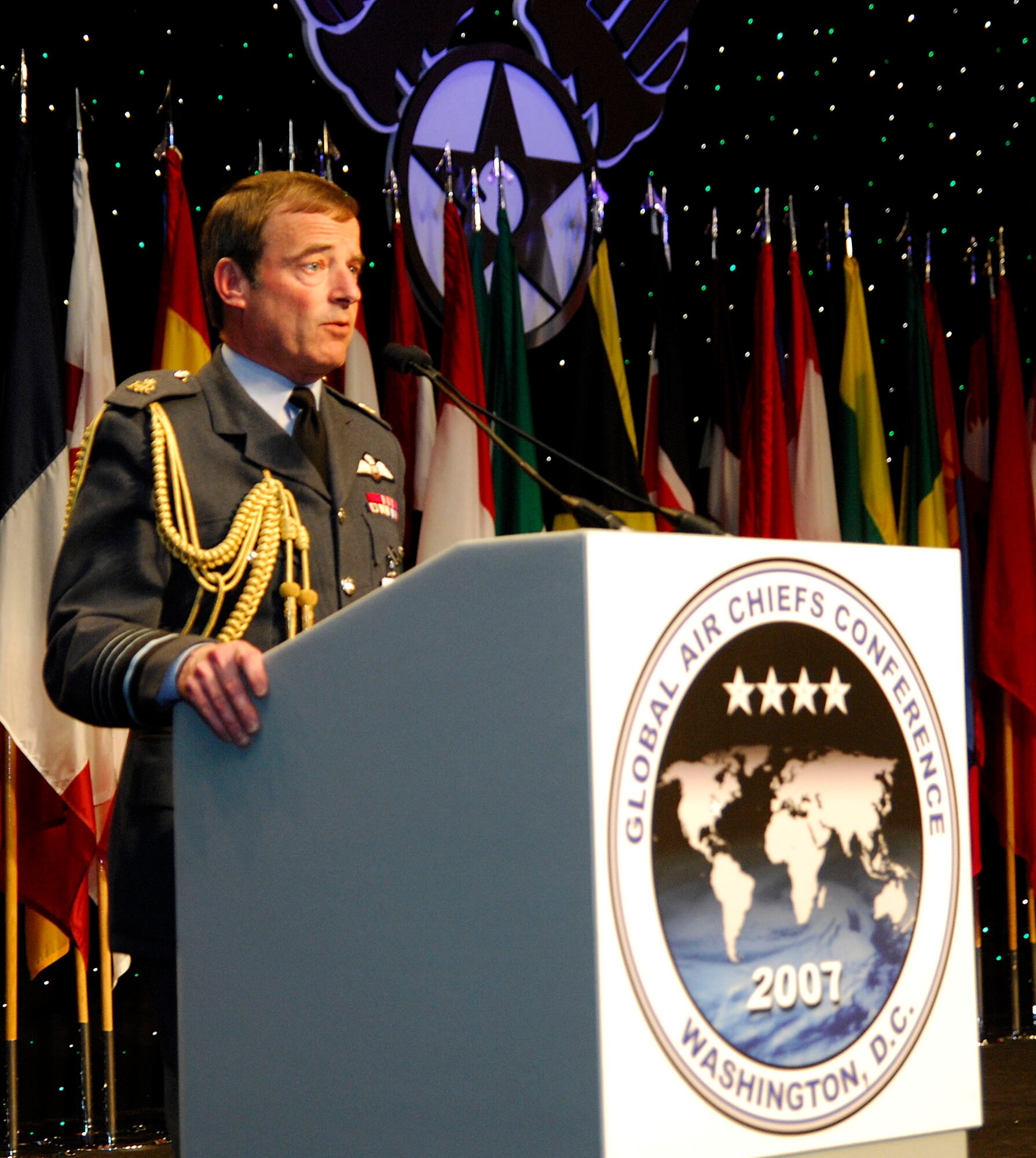 Air Chief Marshal Sir Glenn Torpy addresses more than 90 international air chiefs Sept. 25 at the second of three forums held during the Global Air Chiefs Conference at the Marriott Wardman Park Hotel in Washington. The GACC, hosted by Gen. T. Michael Moseley, runs concurrently with the Air Force Association's Air & Space Conference and Technology Exposition. Air Chief Marshal Sir Torpy is the Royal Air Force chief of staff. General Mosley is the U.S. Air Force chief of staff. (U.S. Air Force photo/Mike Paussic) 