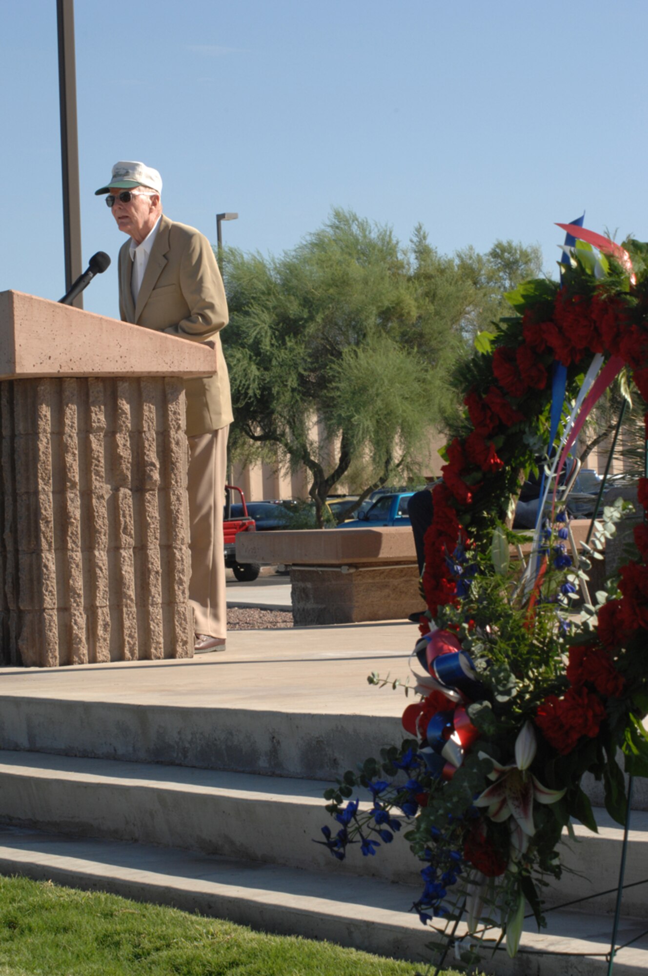 Retired Col. Roy McCaldin speaks at the Prisoner of War/Missing in Action recognition ceremony held on Sept. 21 at Davis-Monthan Air Force Base, Ariz.  The ceremony was held as part of the POW/MIA Recognition Day.  Colonel McCaldin was an Army Air Corps B-17 pilot during World War II.  (U.S. Air Force photo by A1C Alesia Goosic) 