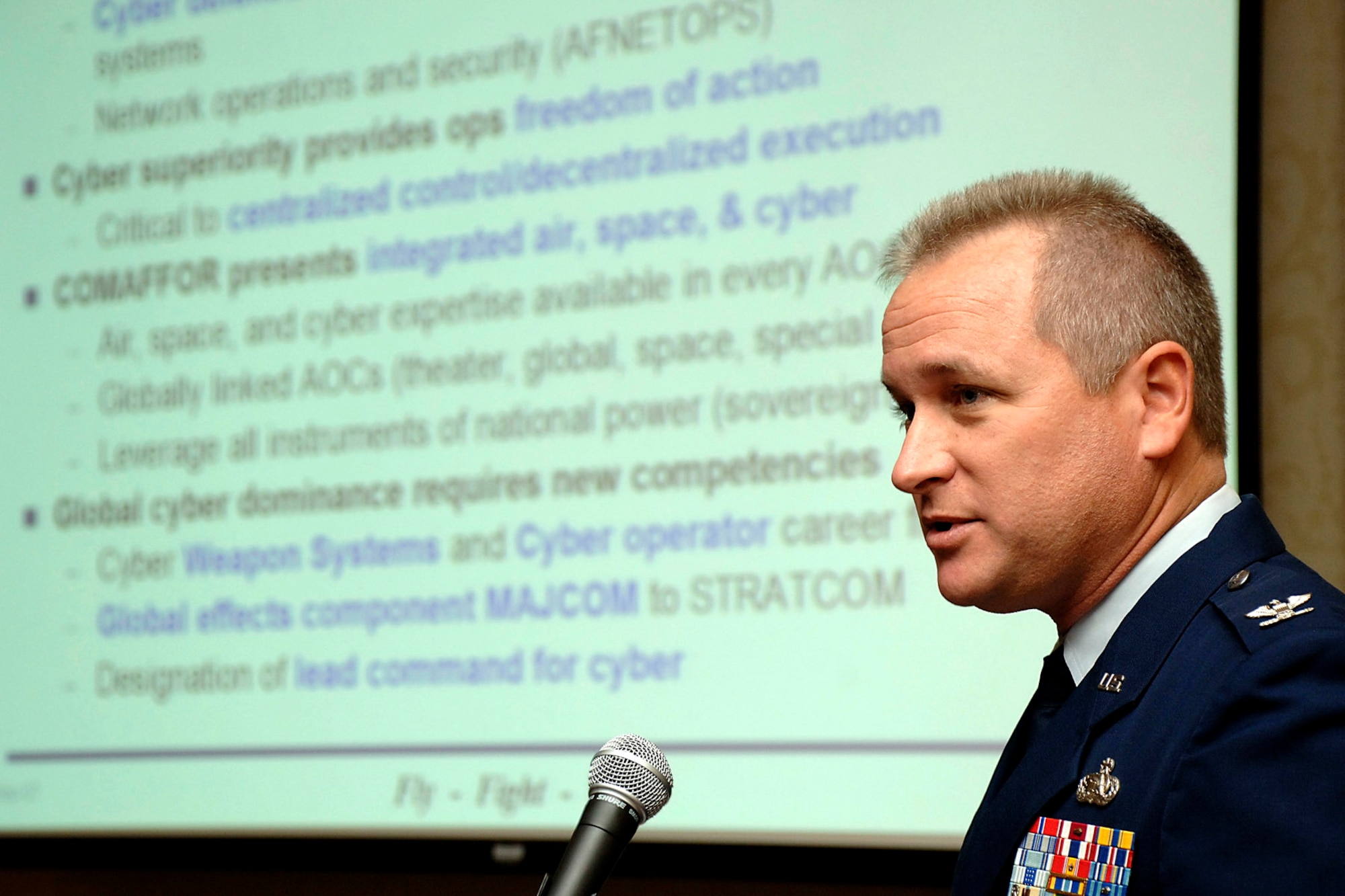 Col. Tony Buntyn addressed the Fifth Annual Net-Centric Operations Conference Sept. 24 in New Castle, N.H., focusing on the importance of controlling cyberspace.  Colonel Buntyn is the director of 8th Air Force's Global Cyberspace Air Operations Center at Barksdale Air Force Base, La.  (U.S. Air Force courtesy photo)