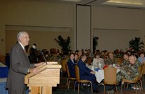 William Moll, chairman of Clear Channel Television, shares a laugh with his audience at the Combined Federal Campaign kickoff breakfast Sept. 12, 2007, at the Gateway Club on Lackland AFB. (USAF photo by Alan Boedeker)                               