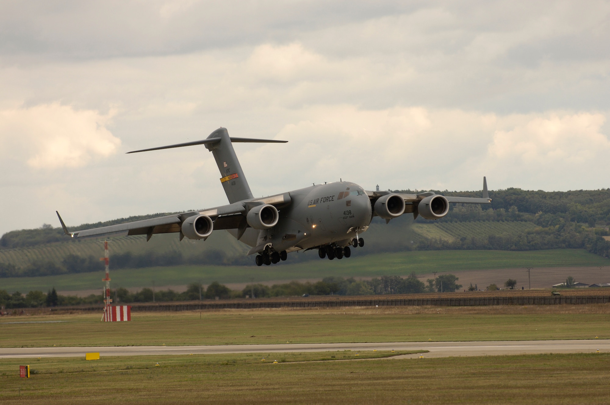 The Spirit of California from March Air Reserve Base, Calif., lands at the Brno International Air Festival in the Czech Republic. The Spirit of California was the first C-17 received by the 729th Airlift Squadron at March. (U.S. Air Force photo by Senior Airman David Flaherty)
