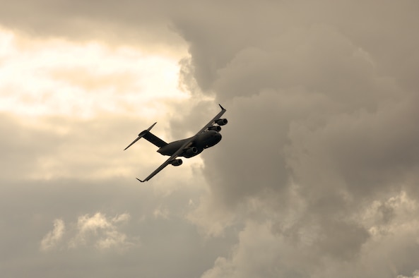 The Spirit of California C-17 from March Air Reserve Base, Calif., flies over the Czech Republic during the Brno International Air Festival. The Spirit of California was the first C-17 received by the 729th Airlift Squadron at March. (U.S. Air Force photo/Senior Airman David Flaherty) 
