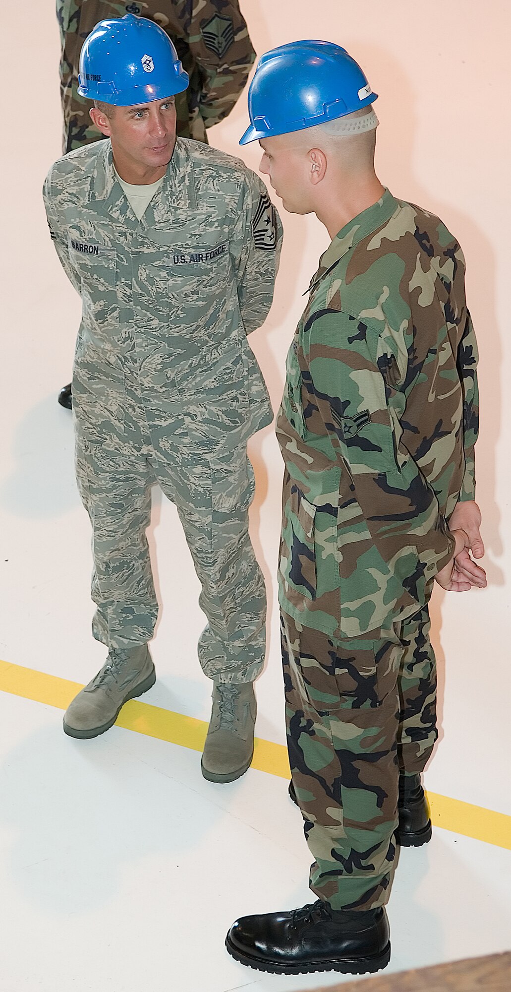 Chief Master Sgt. Joseph Barron, Air Mobility Command command chief, meets with an Airmen assigned to the 436th Maintenance Squadron. The chief talked to enlisted Airmen of all ranks during his visit to Team Dover. (U.S. Air Force photo/Jason Minto)
