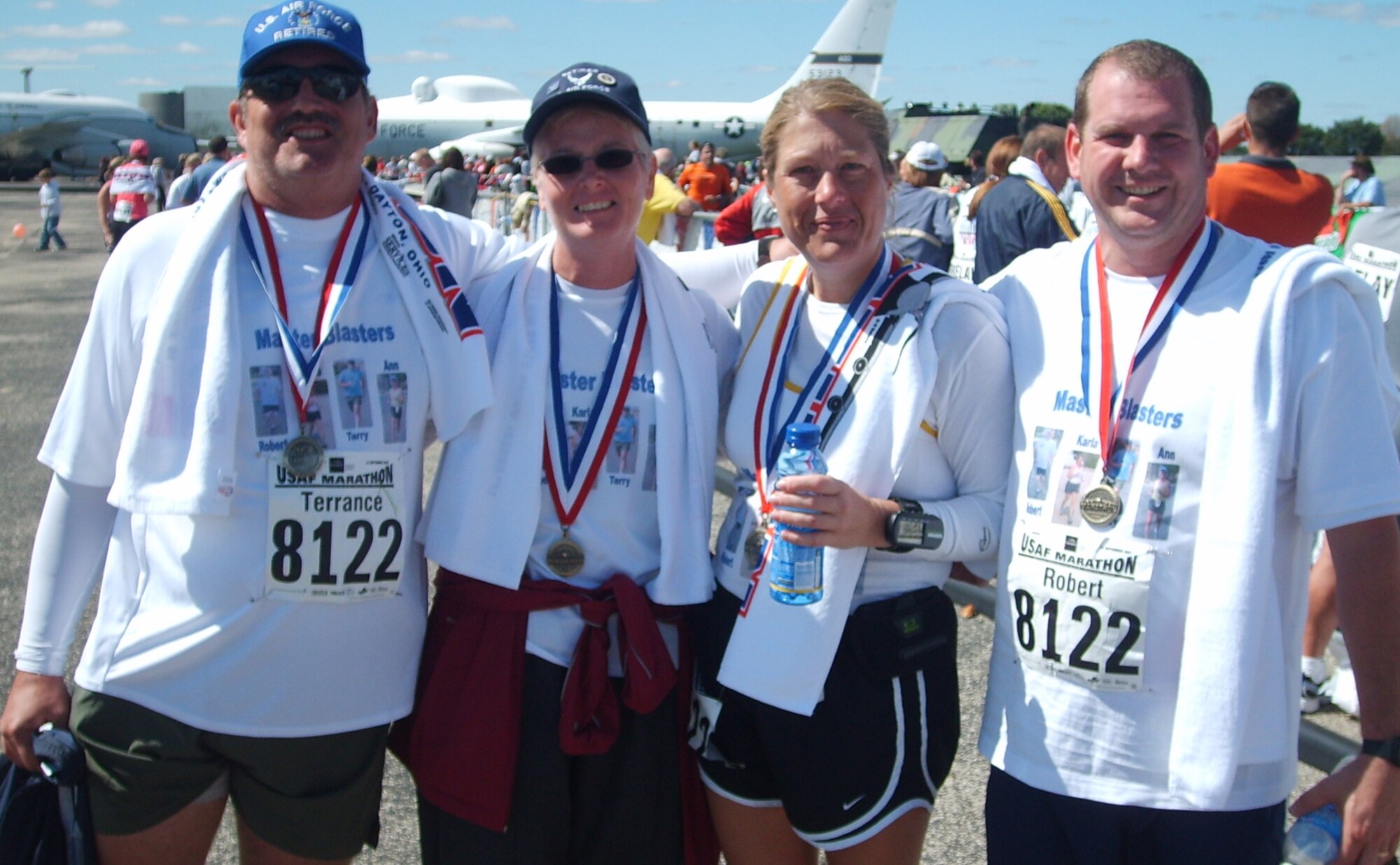 From left, Terry Owens, 81st Training Support Squadron, and Annette Owens, Karla Propper and Robert Randall, 336th Training Squadron, the Master Blasters, finished fifth out of 17 teams in the masters category at the 11th annual Air Force Marathon, Sept. 15 at Wright-Patterson Air Force Base, Ohio.  The event showcased 60 years of Air Force heritage.  Several Keesler teams and individuals participated.  (Photo by Larry Bright)

