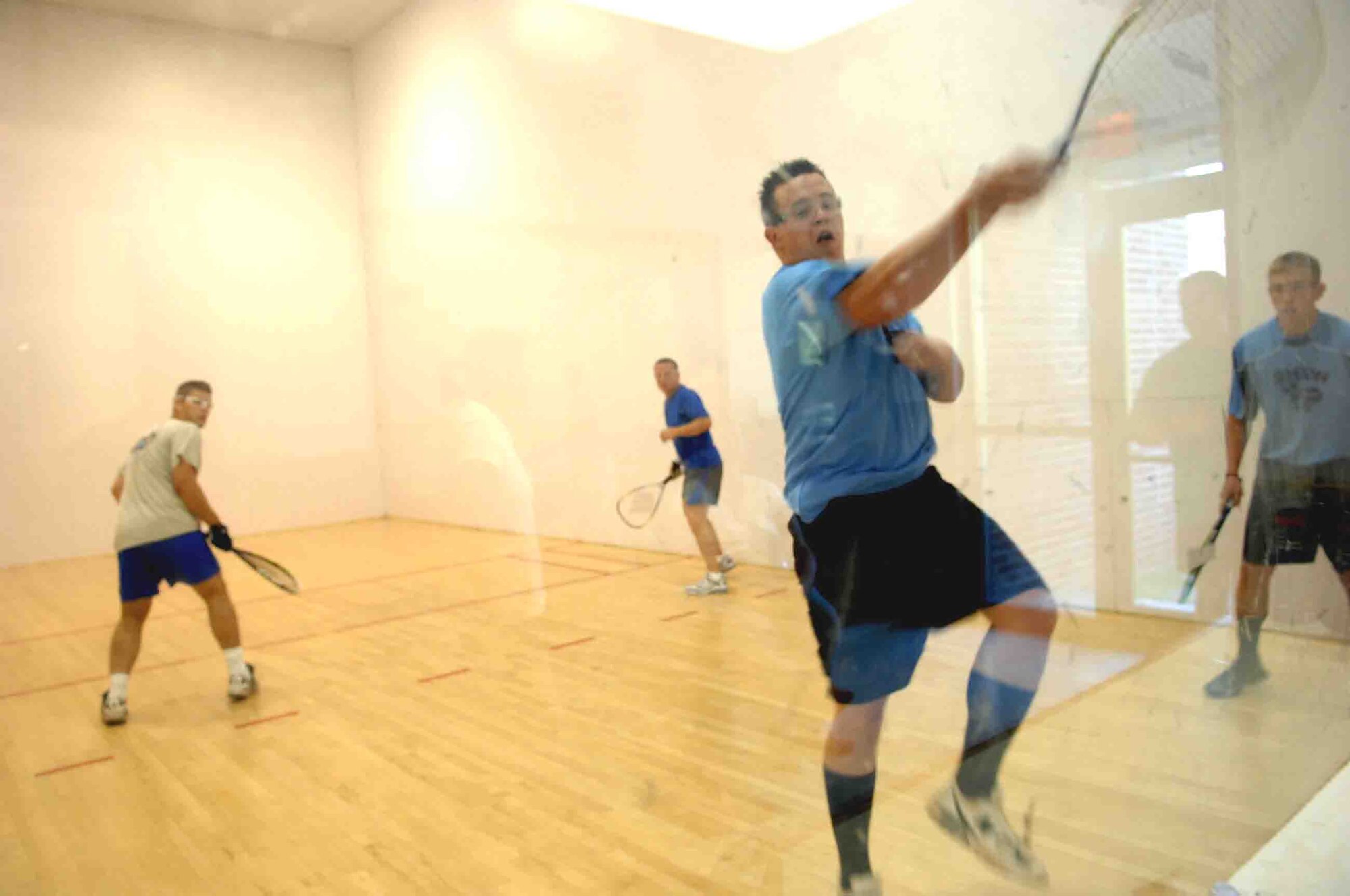 SHAW AIR FORCE BASE, S.C. -- Airman 1st Class Jonathan Vanderford, 20th Logistics Readiness Squadron, takes a swing at the court window during one of the earlier matches of the Viper Challenge Racquet Ball Tournament Sept. 27. The Wing Sports Day Viper Challenge occurs annually with many different sporting events going on throughout the day. Unit teams are formed to participate in the events and the unit that has accumulated the most points at the conclusion of the last Viper Challenge event will be declared the winner and receive the coveted Commander's Cup.(US Air Force photo/Airman 1st Class Kathrine McDowell)
