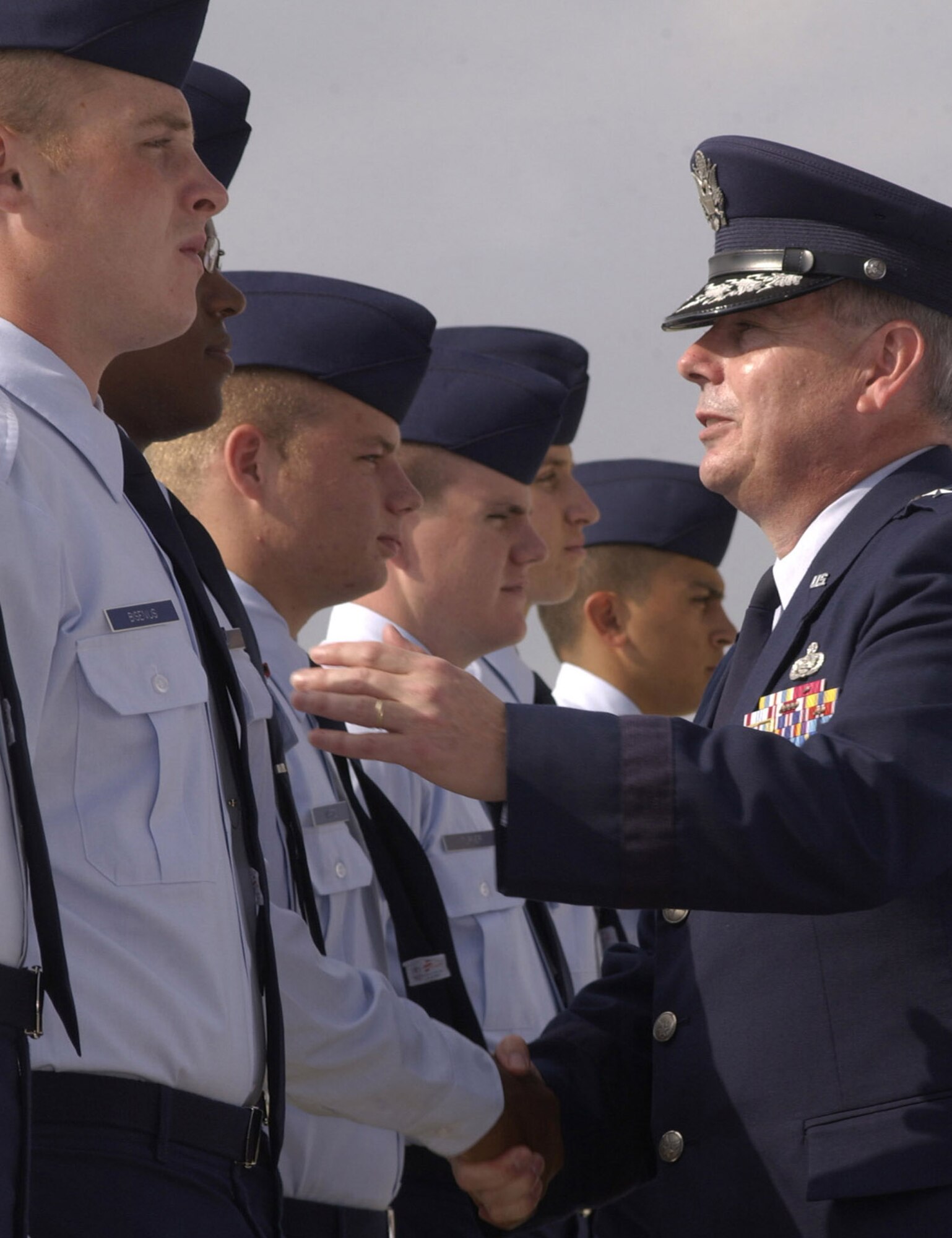 General Capasso greets Airmen from the 81st Training Group after he assumed command of the 81st TRW, Nov. 15, 2005.  Under his leadership, Keesler trains Airmen in 33 career fields.  After he turns over command to Col. Gregory Touhill Tuesday, he heads to Stuttgart, Germany, to direct command, control, communications and computer systems for U.S. Africa Command. (U.S. Air Force photo by Kemberly Groue)