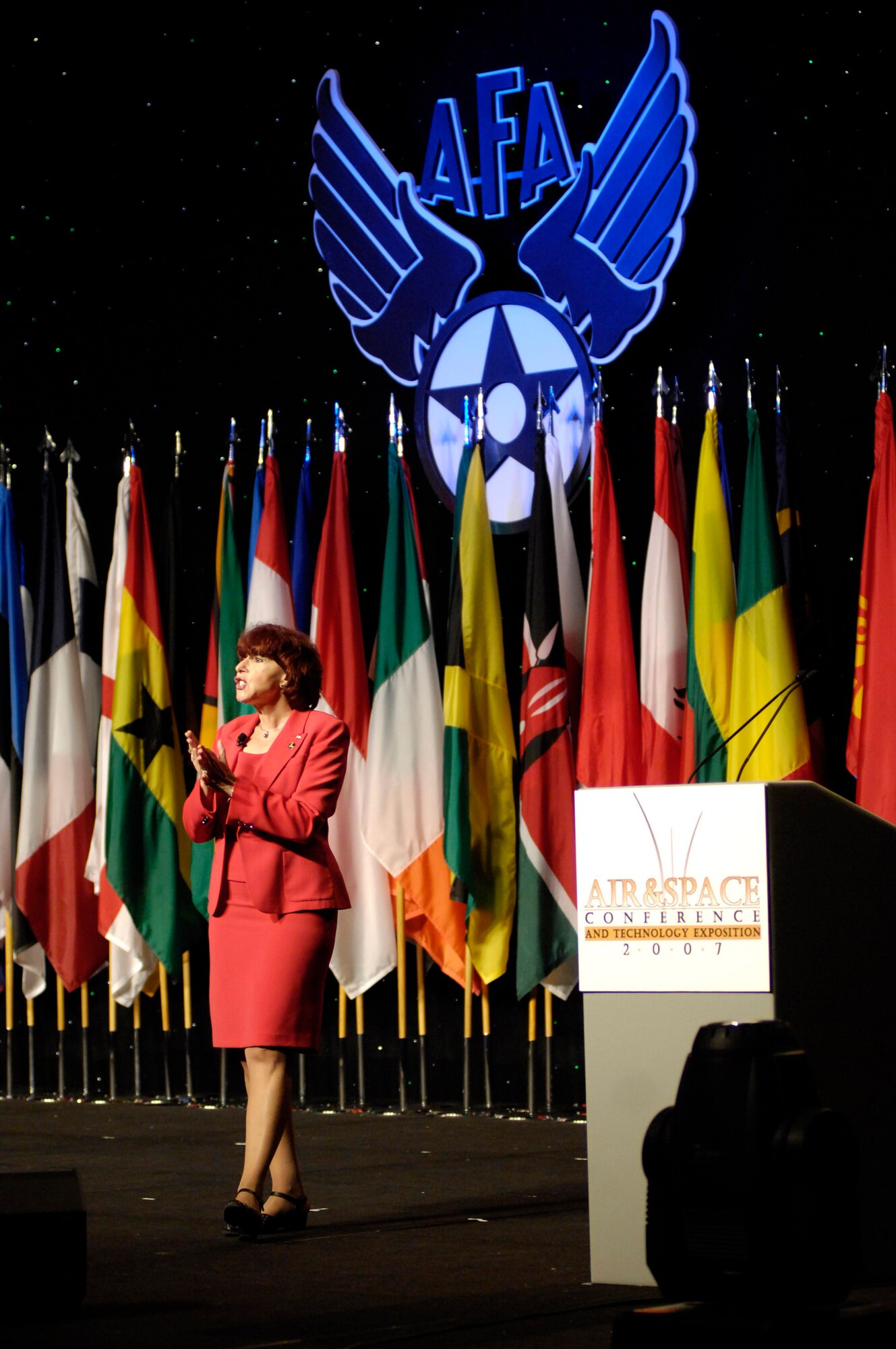Dr. Lani Kass speaks at the Air Force Association's 2007 Air & Space Conference and Technology Exposition Sept. 26 in Washington. Ms. Kass briefed attendees about the importance of cyberspace and the role it plays in our national defense strategy. Ms. Kass is a special assistant to the chief of staff of the Air Force. (U.S. Air Force photo/Airman 1st Class Sean Adams)
