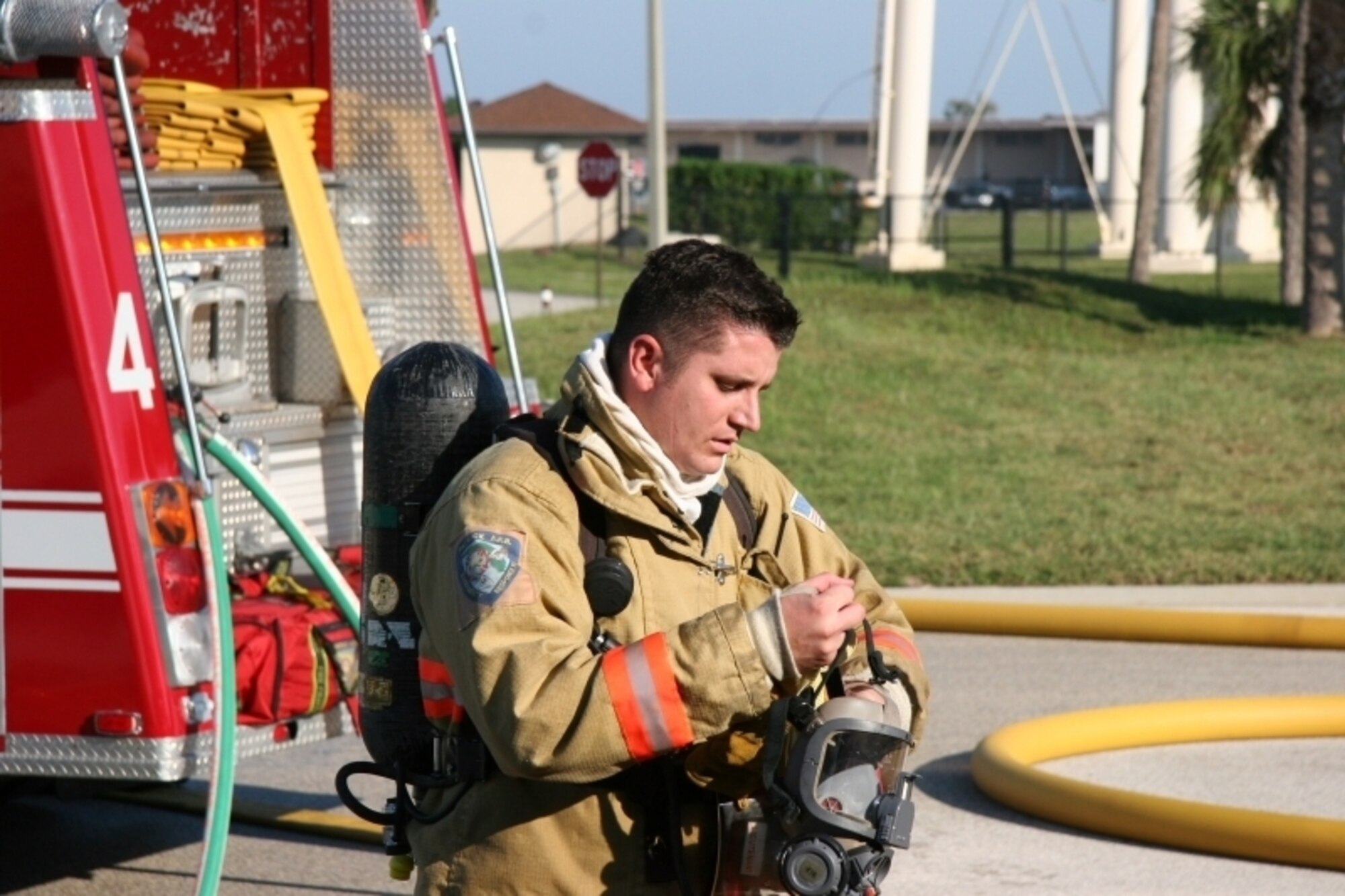 Tech. Sgt. Jeremy L. Griffin, a station captain with the 45th Civil Engineer Squadron Fire Protection Flight at Patrick AFB, Fla., was selected 12 Outstanding Airmen of the Year. He expertly responded to an emergency involving an MQ-1B Predator, which was redeployed less than 24 hours later. He also treated a wounded Iraqi police officer for bullet wounds, saving his life. Sergeant Griffin led efforts for a new $250,000 fire truck, which was fully tested in less than 16 hours, greatly increasing fire response capability.  (U.S. Air Force photo)