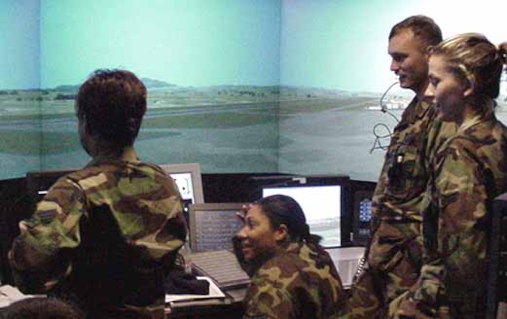 Airmen with the Air force Flight Standards Agency run through their responsibilities in the Air Traffic Control Simulator. (Photo courtesy of the Air Force Flight Standards Agency Headquarters)