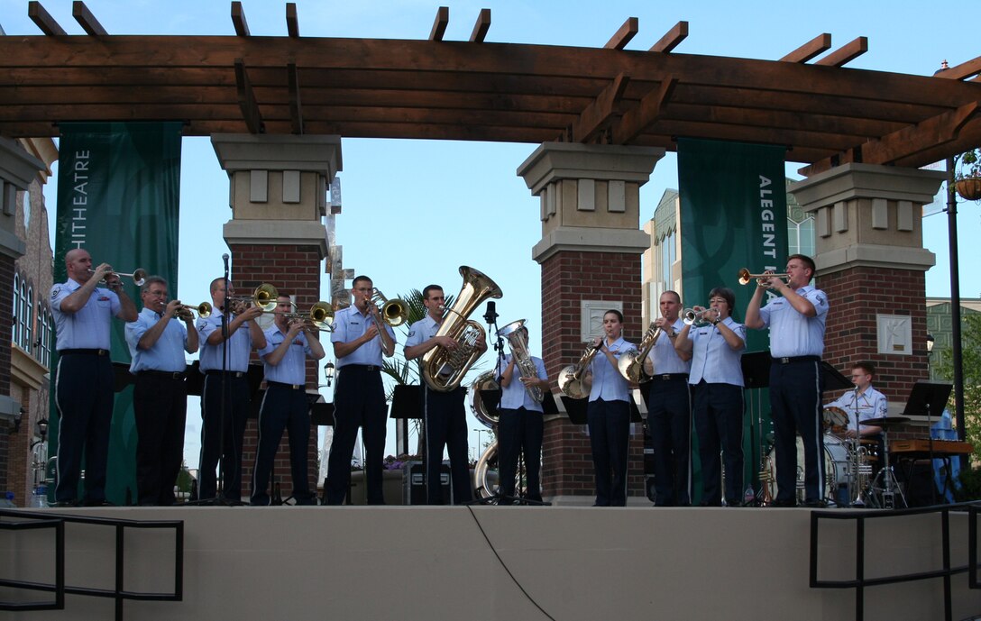 The USAF Heartland of America Band's Brass in Blue perform an outdoor summer concert for the public at the new Shadow Lake Mall in Papillion, NE.