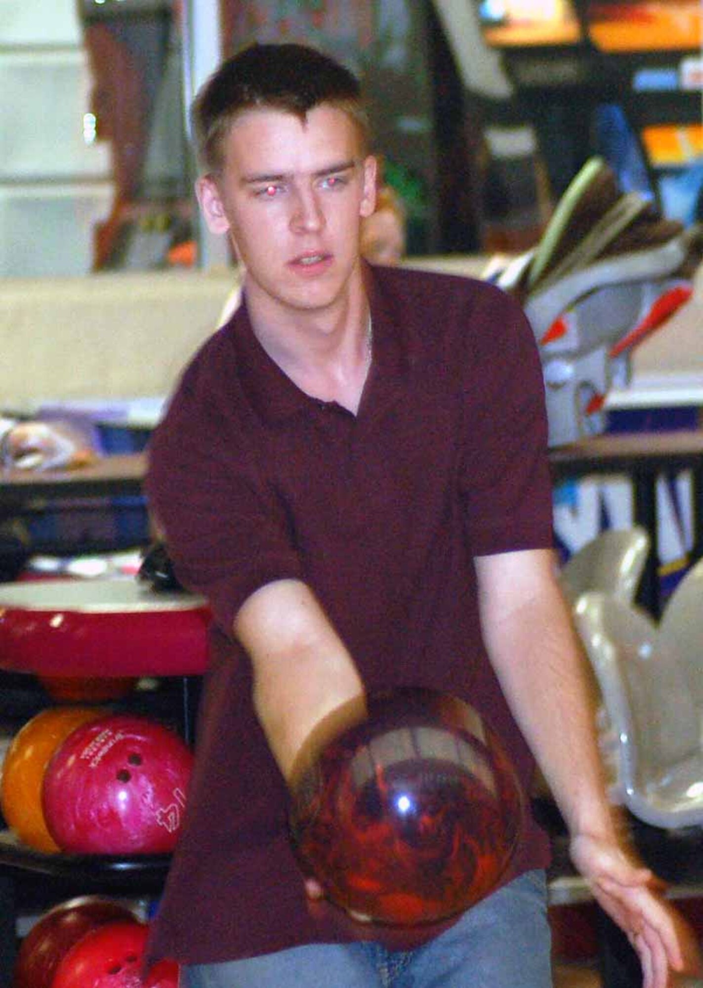 David Jackson, 552nd AMXS bowler and team captain, delivers a ball in a Sept. 19 match. (Air Force photo by John E. Banks)
 
 