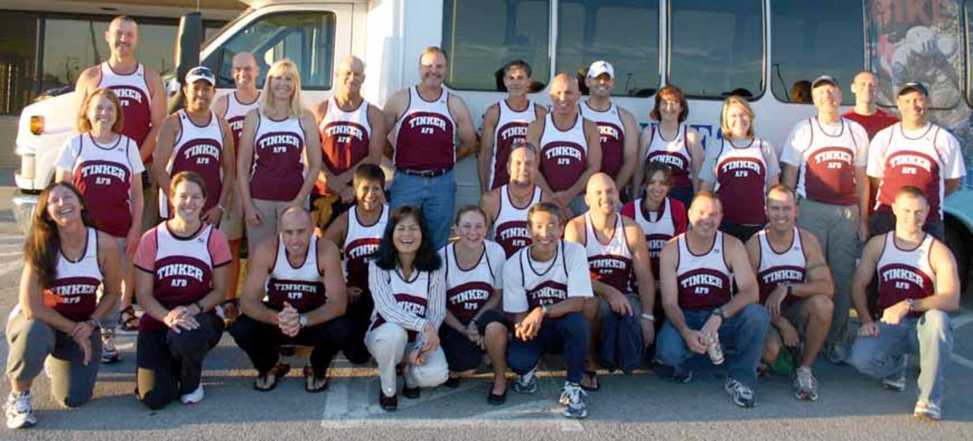 Thirty-nine members of Team Tinker traveled to Ohio to participate in the 11th annual U.S. Air Force Marathon Sept. 15 at Wright-Patterson Air Force Base, Ohio. Among the participants are: kneeling from left, Kay Shawdah-Malagon, Stacey Isaac, Shane Spencer, Dora Bray, Tess Coburn, Jennifer Condon, Scott Porter, Cuu Nguyen, Greg Yort, Traci Fuhrman, Bruce Layne, Brian Yort and Edward Hurd. Standing are: from left, Linda Bowers, Erik Jones, Willie Kinchion, Doug MacNeill, Leigh Morse, Ben Bray, Don Nicholson, Danny Ponder, Jim Morrison, Robert Constable, Karen Blackwell, Casey Beninati, Ben Gibson, Eduardo Assmann and Dave Piscitello. (Courtesy Photo)