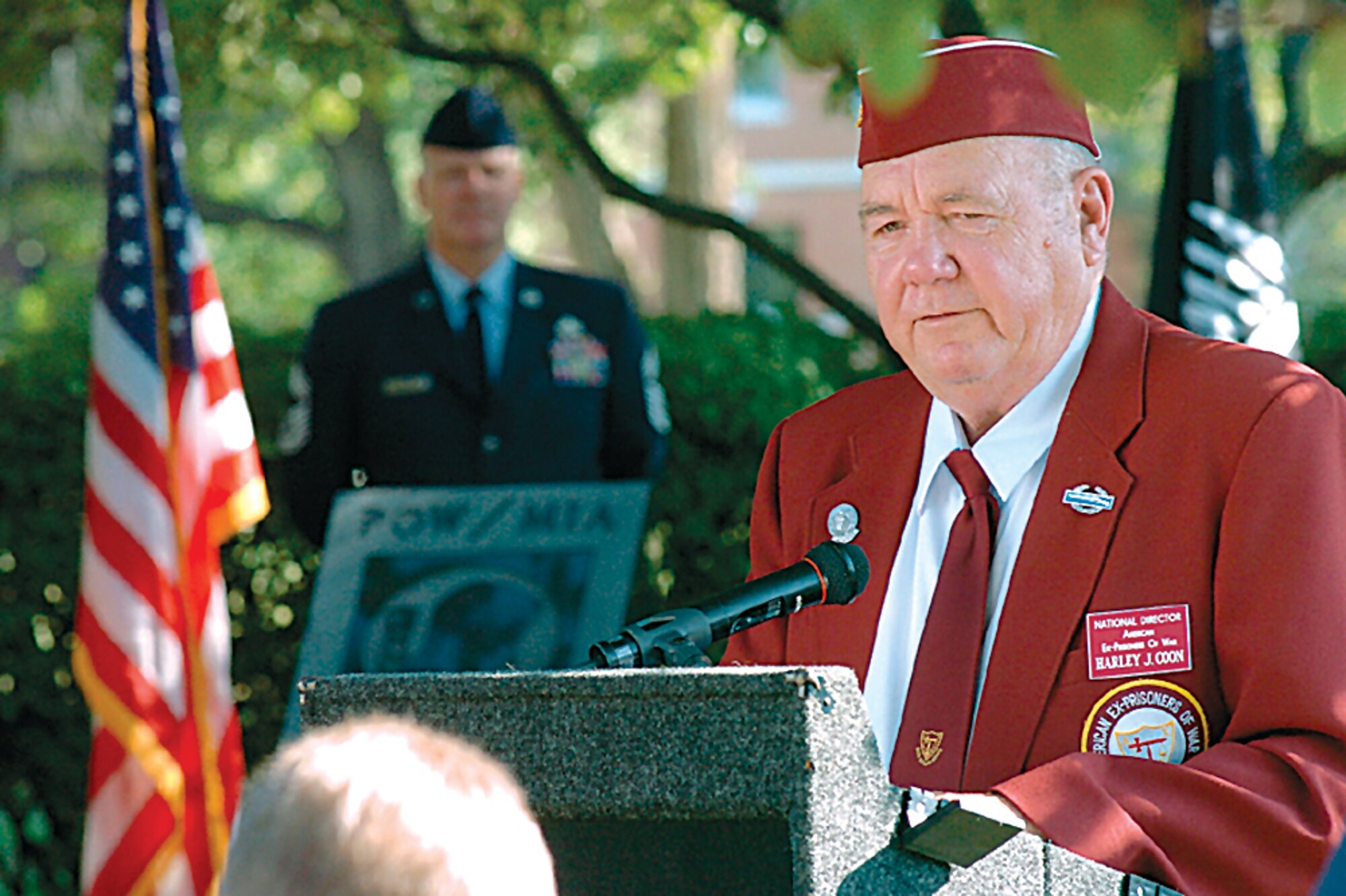 Harley Coon, national director of the American Ex-Prisoner of War, was keynote speaker at Wright Patterson Air Force Base for the recognition of Prisoner of War-Missing in Action Day Sept. 21. (Skywrighter photo by Charles Caperton/U.S. Air Force)