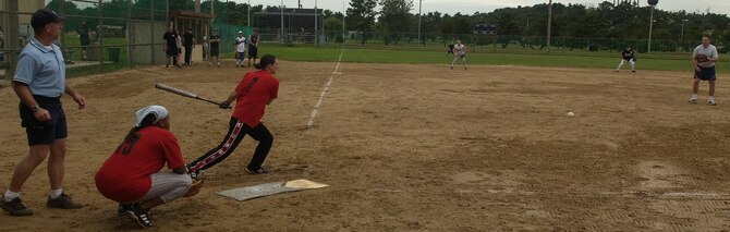 KUNSAN AIR BASE, South Korea - 1st Lt. Nicole Schatz, 8th Security Forces Squadron, bats during the one-pitch softball tournament during the wing's sports day Sept. 28 here. The sports day allowed Airmen a way to compete in friendly and fun competitions, helping to build esprit de corps. The day kicked off with a wing run and events, ranging from a Texas Hold' Em tournament to unit paintball challenges. (U.S. Air Force photo/SrA Giang Nguyen)

                               