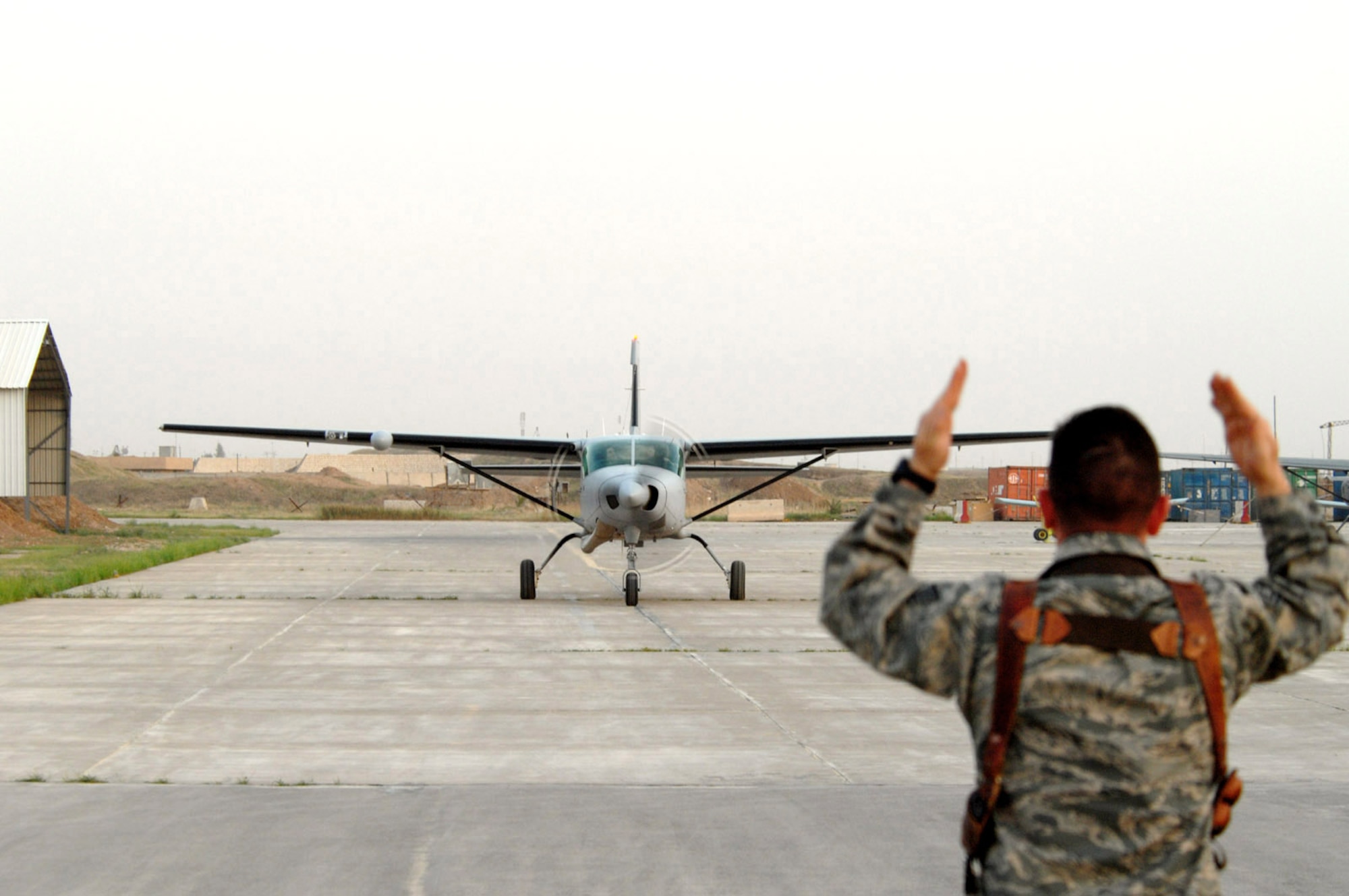 The Iraqi air force's newest Cessna 208 Caravan lands at the Iraqi Flying Training Wing for the first-time March 29 at Kirkuk Air Base, Iraq. The Cessna 208 is the most advanced fixed wing training aircraft for the Iraqi Flying Training Wing. Iraqi students spend approximately six months learning to fly the Cessna 208 and receive pilot wings upon completion of the training syllabus. They then move onto the Iraqi air force's operational aircraft which includes the C-208, King Air, C-130 Hercules or SAMA (Zenair) CH-2000. The Iraqi Air Force Flying Training Wing inventory will have a total of five Cessna 208s by the end of 2008. (U.S. Air Force/Senior Master Sgt. Don Senger) 