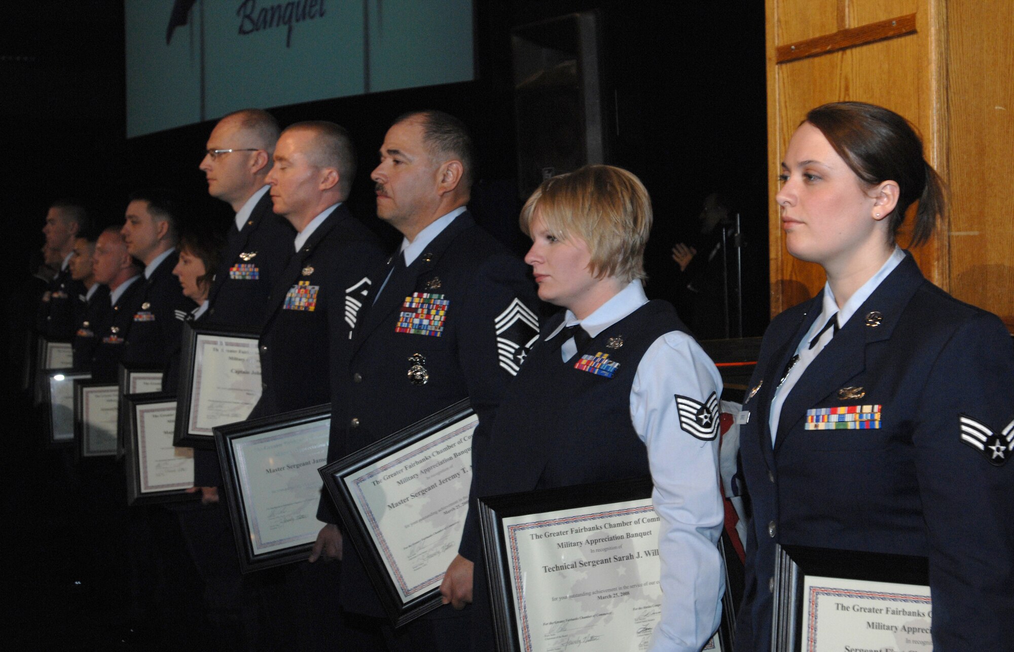 EIELSON AFB, Alaska -- Twelve Icemen were recognized March 25 for their outstanding service during the 40th Annual Military Appreciation Banquet at the Carlson Center.  This event is hosted by the Greater Fairbanks Chamber of Commerce to commemorate the accomplishments of the men and women from the local military communities.  (U.S. Air Force photo/Staff Sgt. Tia Schroeder) 