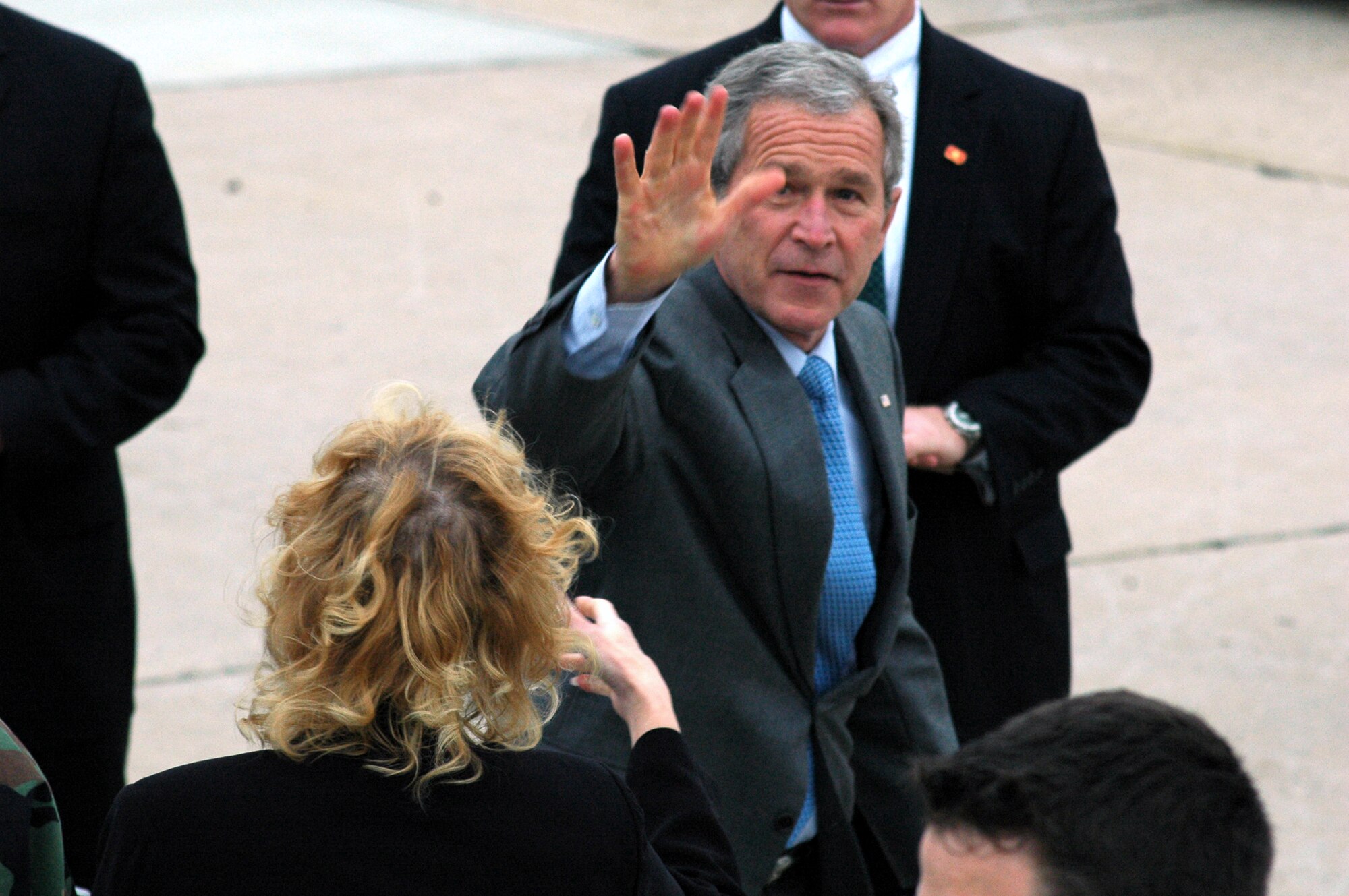 President of the United States George W. Bush waves while greeting Airmen at McGuire Air Force Base, N.J., March 28, 2008.  The President came through McGuire en route to a pre-scheduled visit to Freehold, N.J.  (U.S. Air Force Photo/Tech. Sgt. Scott T. Sturkol)