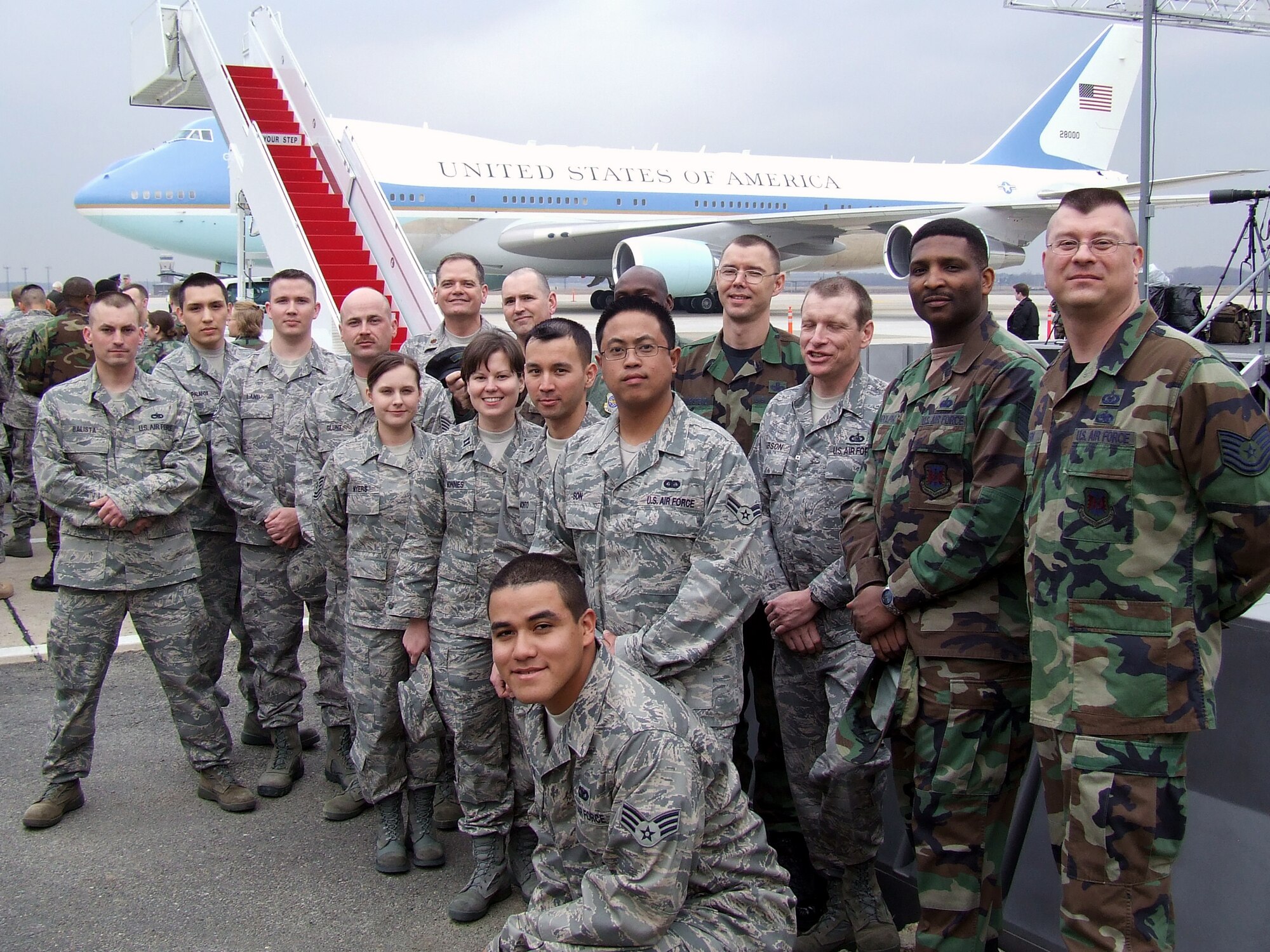 This group of Airmen from U.S. Air Force Expeditionary Center on Fort Dix, N.J., were among hundreds who were waiting for President George W. Bush to return from Freehold, N.J., to McGuire March 28, 2008.  The President greeted the Airmen before he departed on Air Force One.  (U.S. Air Force Photo/Tech. Sgt. Scott T. Sturkol)