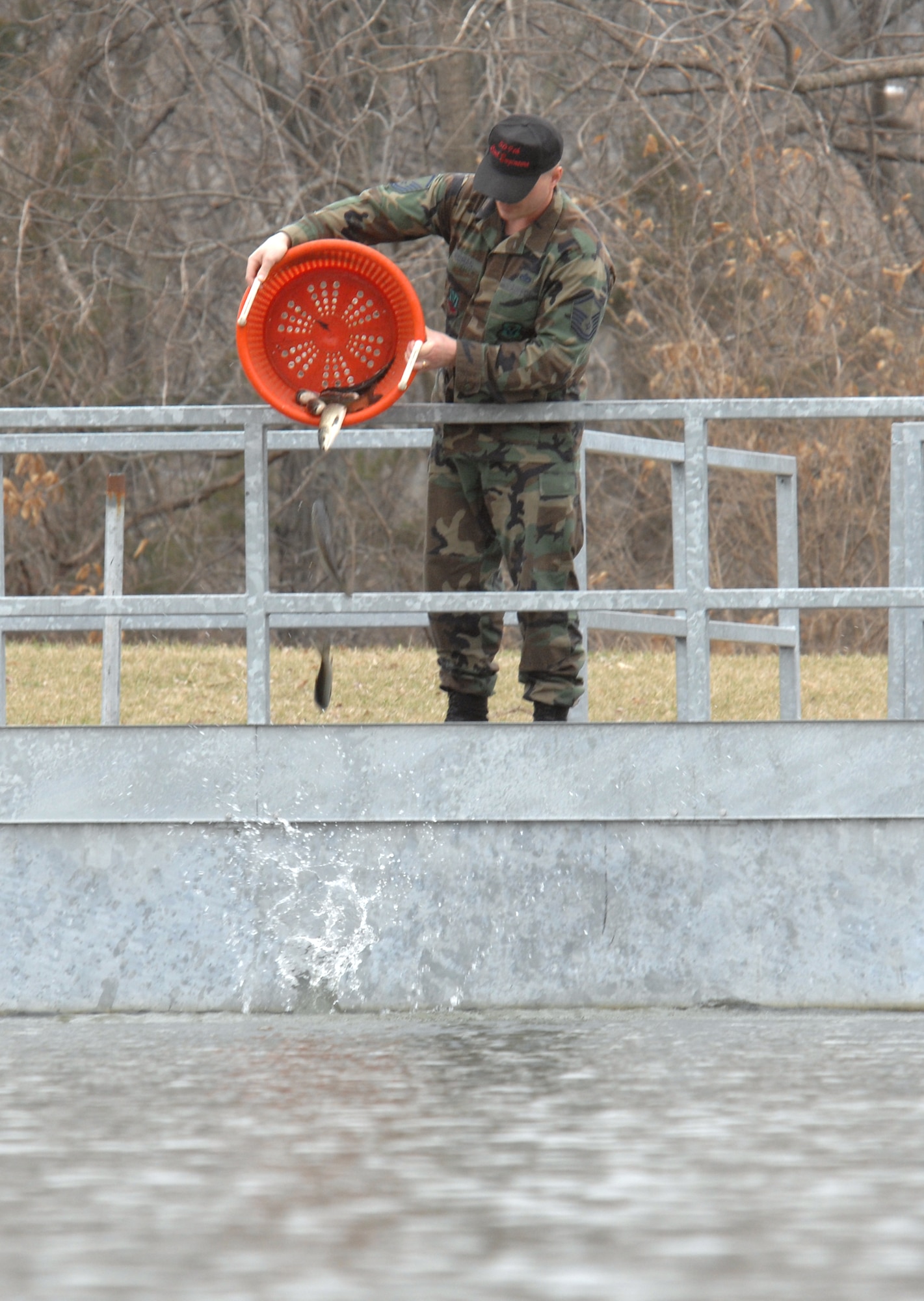 WHITEMAN AIR FORCE BASE, Mo. - Master Sgt. David Neuman, 509th Civil Engineering Squadron, puts 20 Grass Carp in a base housing lake March 27. Grass Carp are being introduced to enhance peoples fishing experience by helping to remove a lot of the “green muck” people see in the lakes and should be released if caught. They are sterile and will not reproduce. These fish eat approximately 3 times their weight in plant matter daily and within a year will weigh approximately 5-7 lbs. These fish are not harmed and if accidentally caught, they be released gently as their mouth/gill structure can not support their weight as in most fish.(U.S. Air Force photo/Airman 1st Class Stephen Linch)