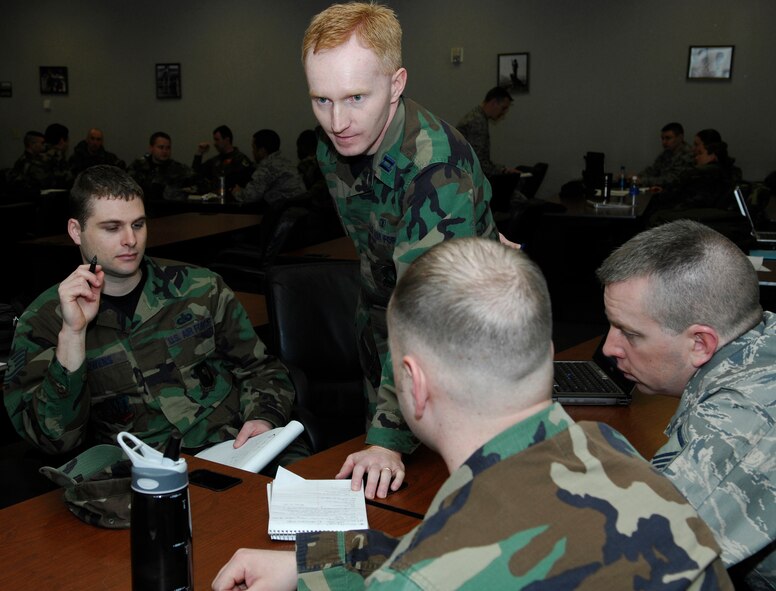 MINOT AIR FORCE BASE, N.D. – Capt. Ren Bedell, 5th Medical Operations Squadron deputy chief and Anti-terrorism Level II class 08-10A security operations team leader, discusses the steps involved in a vulnerability assessment exercise with fellow team members. The vulnerability assessment was part of an AT exercise held during the training here March 24-28. (U.S. Air Force photo by Staff Sgt. Thomas Dow)