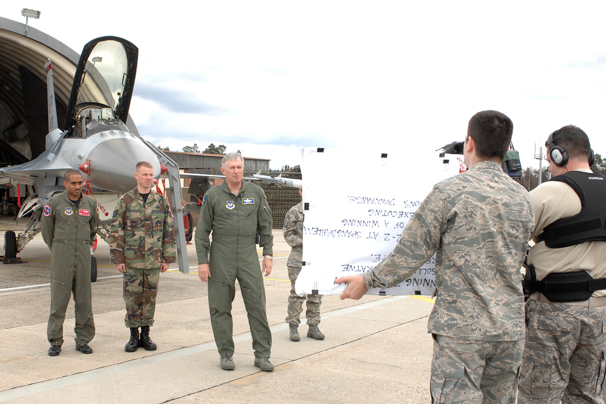 SPANGDAHLEM AIR BASE, Germany – During his visit to Spangdahlem AB, March 31, 2008, Gen. Roger Brady, U.S. Air Forces in Europe Commander, films the first of his three key messages, “Winning Today,” to be aired on American Forces Network. This was the general’s first visit to Spangdahlem since becoming the COMUSAFE. (U.S. Air Force photo/Staff Sergeant Kristin A. Ruleau)