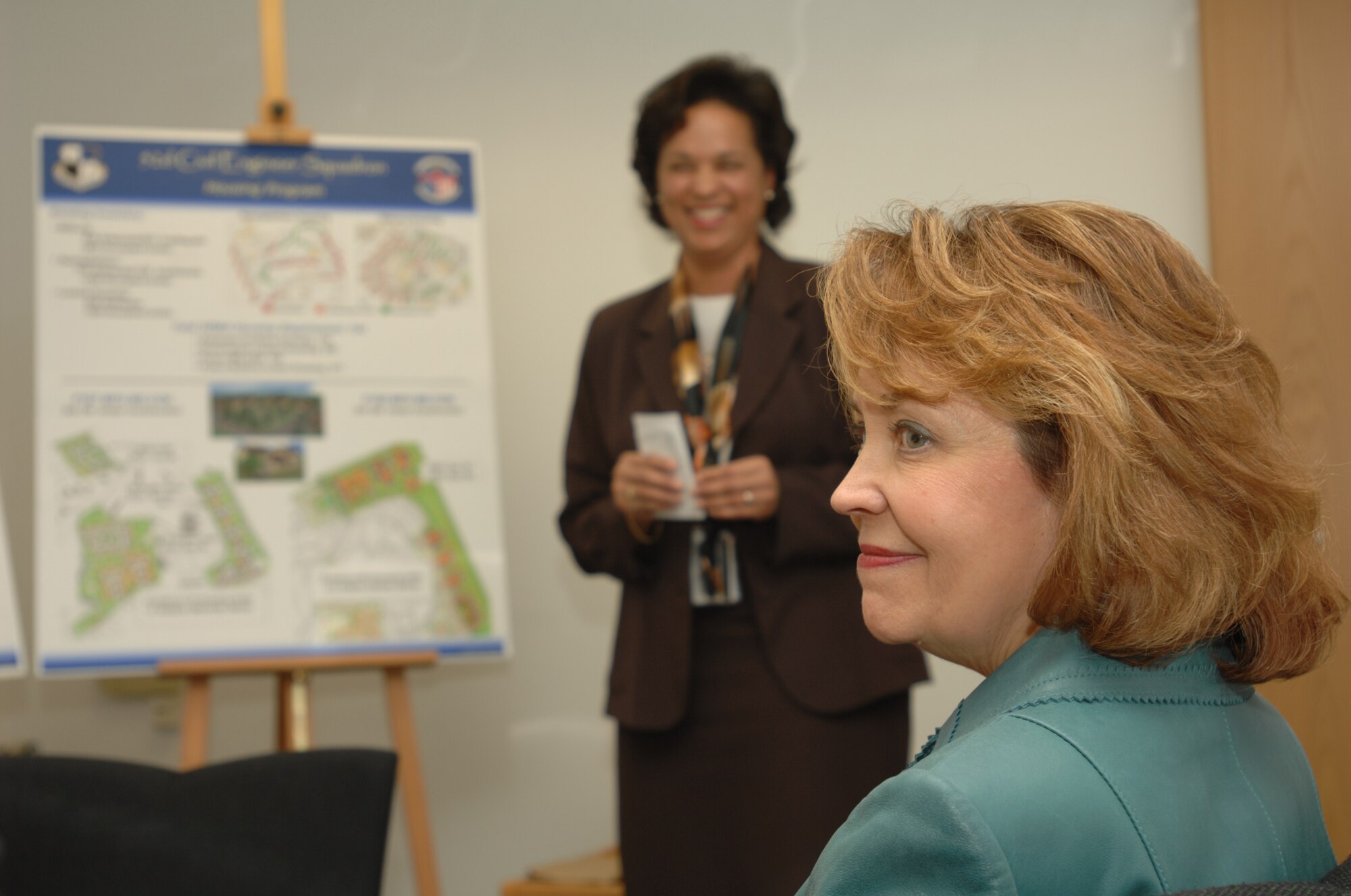 SPANGDAHLEM AIR BASE, Germany -- Litha Brady, wife of U.S. Air Forces in Europe Commander Gen. Roger Brady, is briefed by Denise Hastye, 52nd Fighter Wing housing director, March 31, 2008. During the briefing Mrs. Brady got a sneak peak at the future housing plans for Spangdahlem AB and Bitburg Annex. (U.S. Air Force photo/Airman 1st Class Jenifer Calhoun)