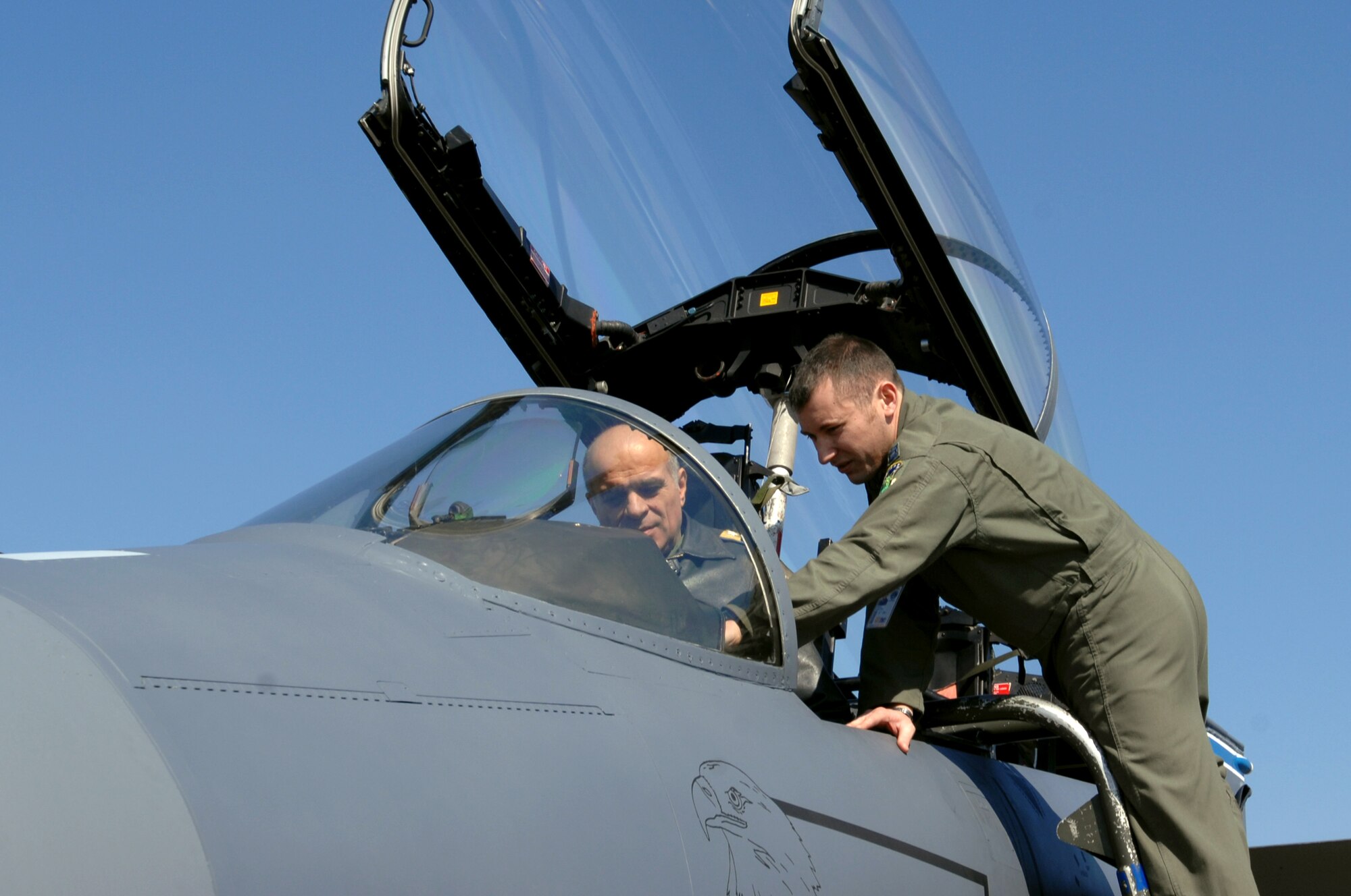 CAMPIA TURZII, Romania -- Lt. Gen. Constantin Croitorn Chief of Staff of the Romanian Air Force sits in the cockpit of an F-15 Strike Eagle while Capt. Mike Emerson 492 Expeditionary Fighter Squadron explains various things in the cockpit here Mar. 29, 2008. The U.S and NATO are providing infrastructure and aircraft for air policing mission over Romania for the duration of NATO summit in Bucharest Apr. 2-4. The U.S. Air Force is providing air combat patrol to secure Romanian sovereign air space as a deterrent force, augmenting the air space security that Romania and other NATO parties are providing.
(U.S. Air Force photo by Senior Airman Teresa M. Hawkins)(Released)
