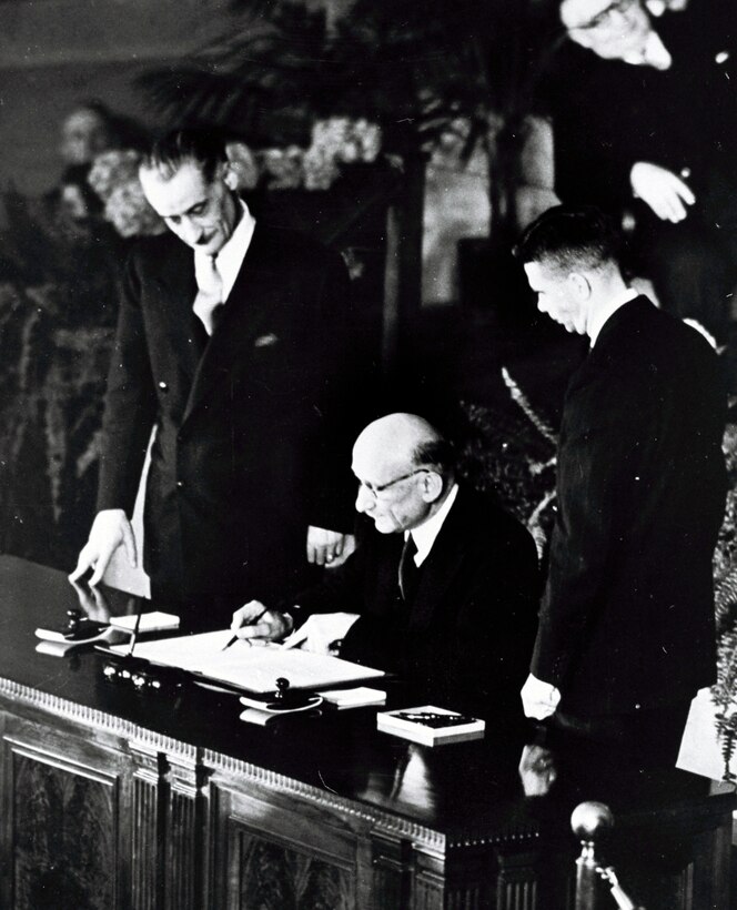 NATO’s creation in 1949 provided a unique framework for Western military cooperation in an era of Soviet expansion, and subsequently throughout the Cold War and into a new century. Representatives of 12 countries -   the United States, Belgium, Canada, Denmark, France, Iceland, Italy, Luxembourg, the Netherlands, Norway, Portugal and the United Kingdom -- signed the document at a meeting in Washington, D.C. Here, Robert Schuman, Minister of Foreign Affairs, signs the North Atlantic Treaty for France on April 4, 1949.