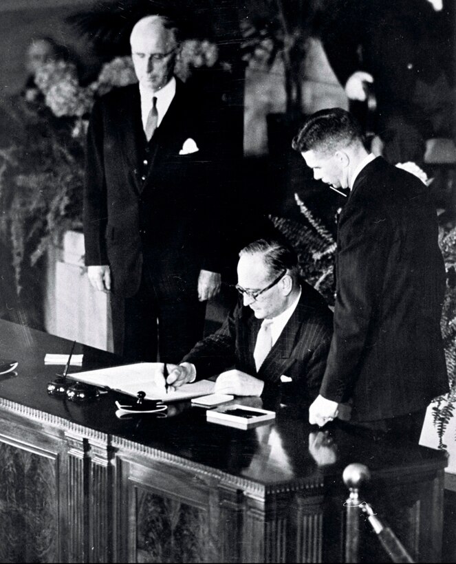 Halvard Lange, Minister of Foreign Affairs signs the North Atlantic Treaty for Norway, April 4, 1949.