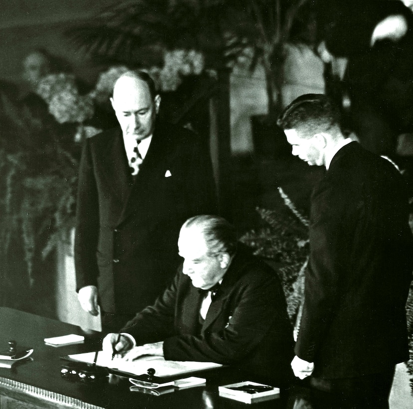 Joseph Bech, Minister of Foreign Affairs, signs the North Atlantic Treaty for Luxembourg, April 4, 1949