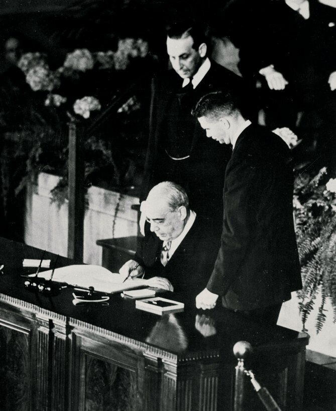 Jose Caeiro da Matta, Minister of Foreign Affairs, signs the North Atlantic Treaty for Portugal, April 4, 1949.