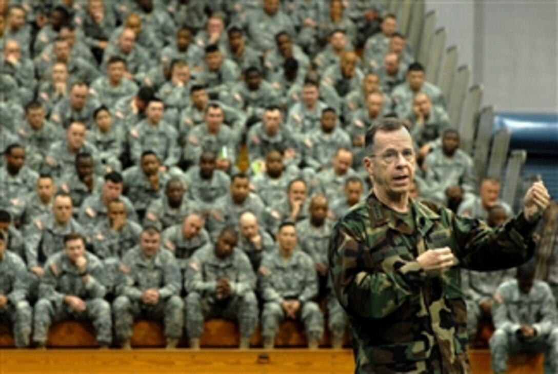 Chairman of the Joint Chiefs of Staff Navy Adm. Mike Mullen answers a question during an all-hands call at the Ritz-Epps Physical Fitness Center on Fort Bragg, N.C., March 31, 2008. Mullen took questions from the nearly 800 soldiers and airmen in attendance. 