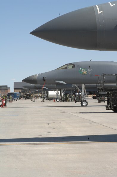 Ellsworth's  B-1's are lined up and prepared for the Air Combat Command Inspector General team to evaluate during an Operational Readiness Inspection here, April 2.  The ORI kicked off  April 1 and is scheduled to run until  April 3. (U.S. Air Force photo/Senior Airman Anthony Sanchelli)