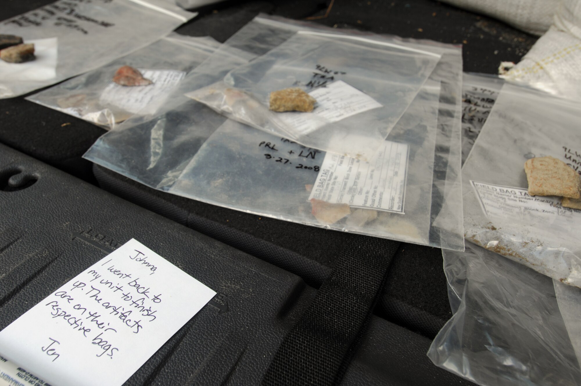 MOODY AIR FORCE BASE, Ga. -- Artifacts discovered on Grand Bay range are laid out in the back of a vehicle here April 1. These artifacts were discovered by archeologists contracted to determine whether or not the land here qualifies as being protected.  (U. S. Air Force Photo/Staff Sgt. Joshua T. Jasper)