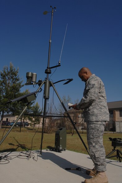 MOODY AIR FORCE BASE, Ga. -- Tech. Sgt. Anthony Slaughter, 347th Operations Support Squadron weather forecaster, uses a TMQ 53 tactical weather observing tool to read the current temperature here April 2. The TMQ 53 can also read the relative humidity and precipitation levels. (U.S. Air Force photo by Airman 1st Class Brittany Barker)