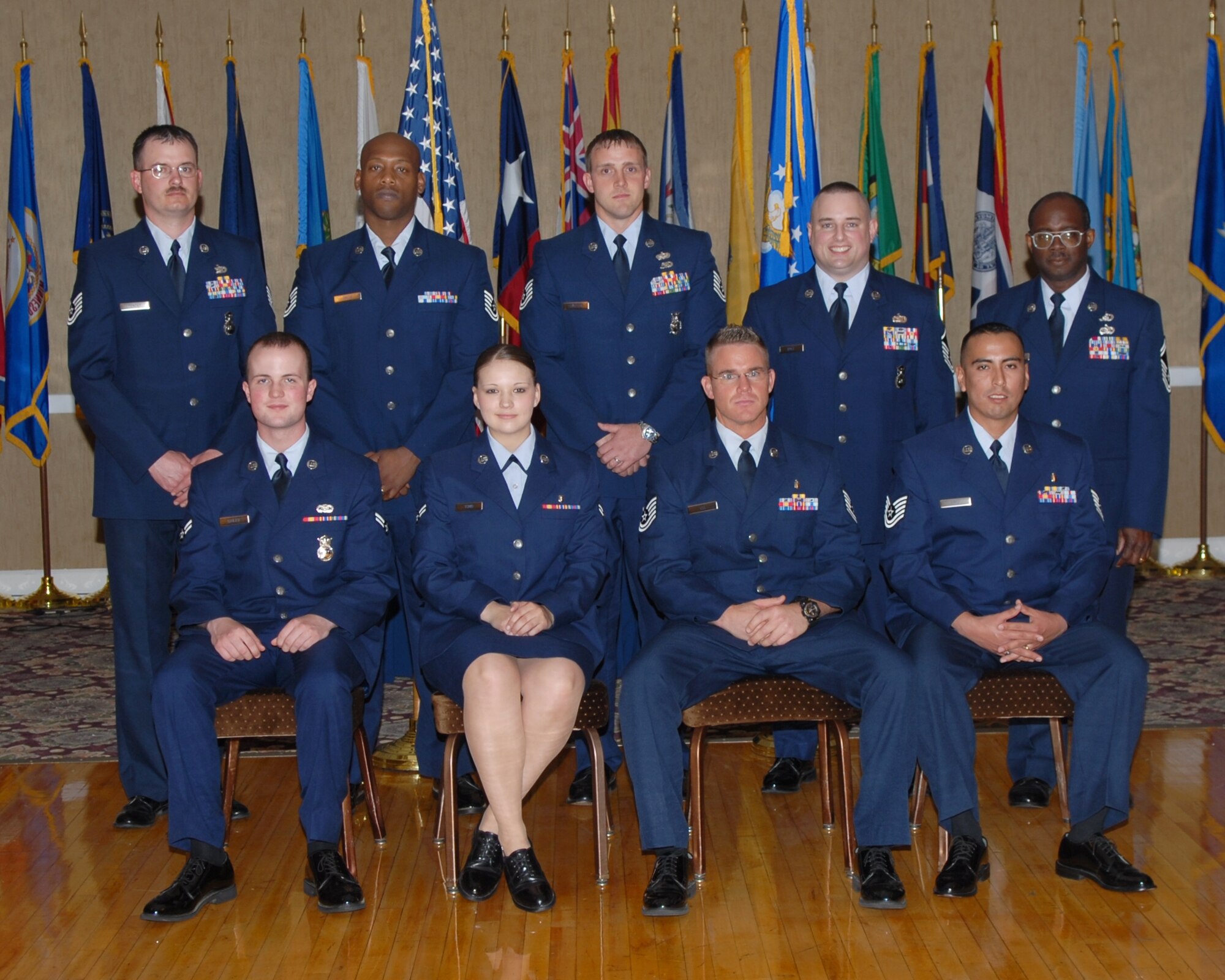 The 14th Flying Training Wing congratulates the April enlisted promotees. Pictured are: (front row) to Airman: Jesse Bailey, 14th Security Forces Squadron; to Airman 1st Class: Jennifer Tomb, 14th Medical Operations Squadron; to Tech. Sgt.: Michael Lee, 14th MDOS; Carlos Limo, 14th Medical Support Squadron; James Pender, 14th SFS; Ronald Smith, 14th Force Support Squadron; Zachary Townsend, 14th Civil Engineer Squadron; to Master Sgt.: Steven Doll, 14th SFS; and to Senior Master Sgt.: Isvan Mercer, 14th Flying Training Wing Command Post. (U.S. Air Force photo by Melissa Duncan) 