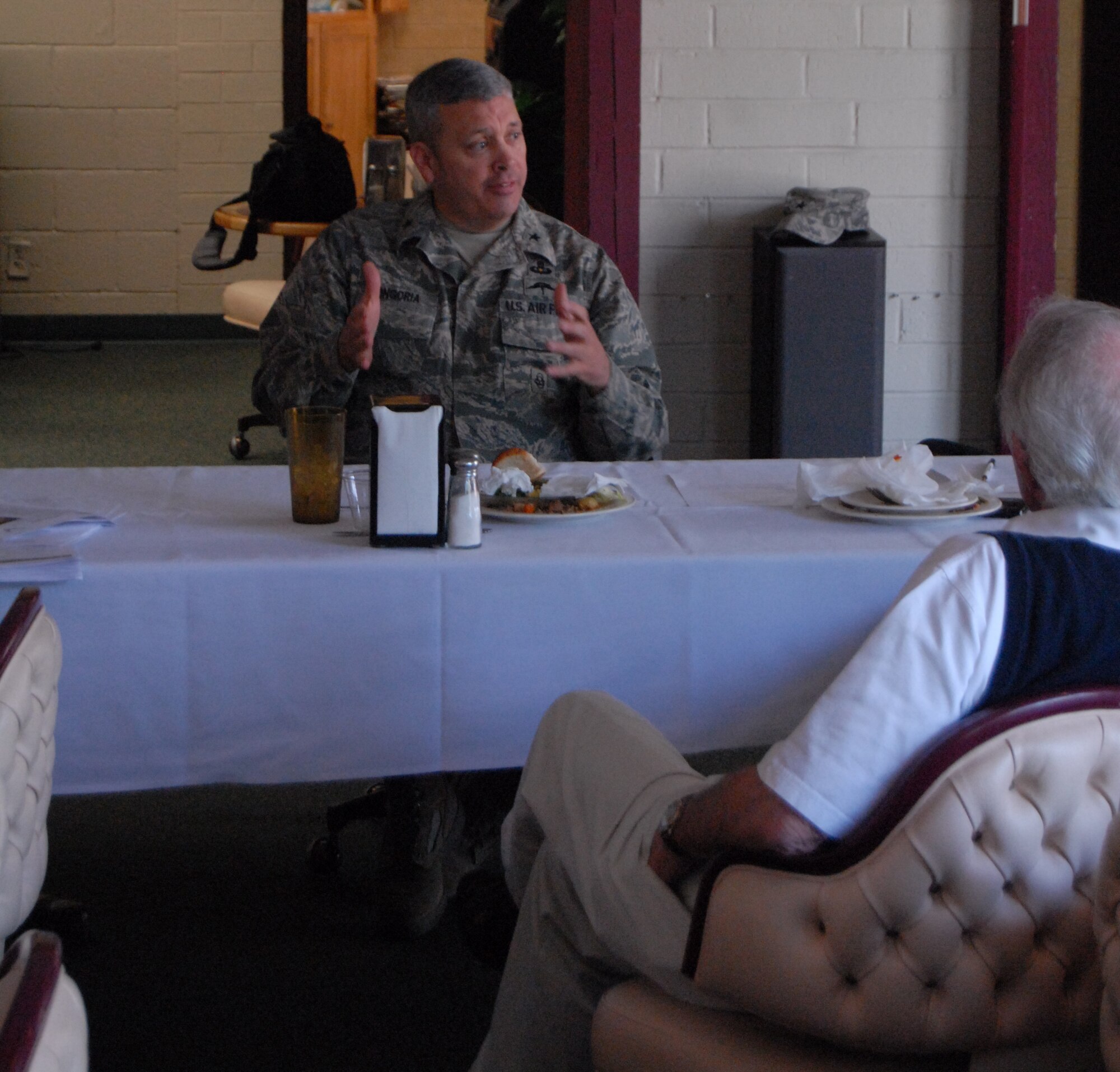 Brig. Gen. Michael Longoria, 93rd Air Ground Operations Wing Commander, speaks to member's of the Harley Pope Chapter of the Air Force Association at Pope Air Force Base, N.C. March 27. General Longoria spoke to the AFA about the 93rd AGOW in relation to its Pope unit, the 18th Air Support Operations Group, and about general ground-combat missions for the Air Force. (U.S. Air Force Photo by 2nd Lt. Chris Hoyler)