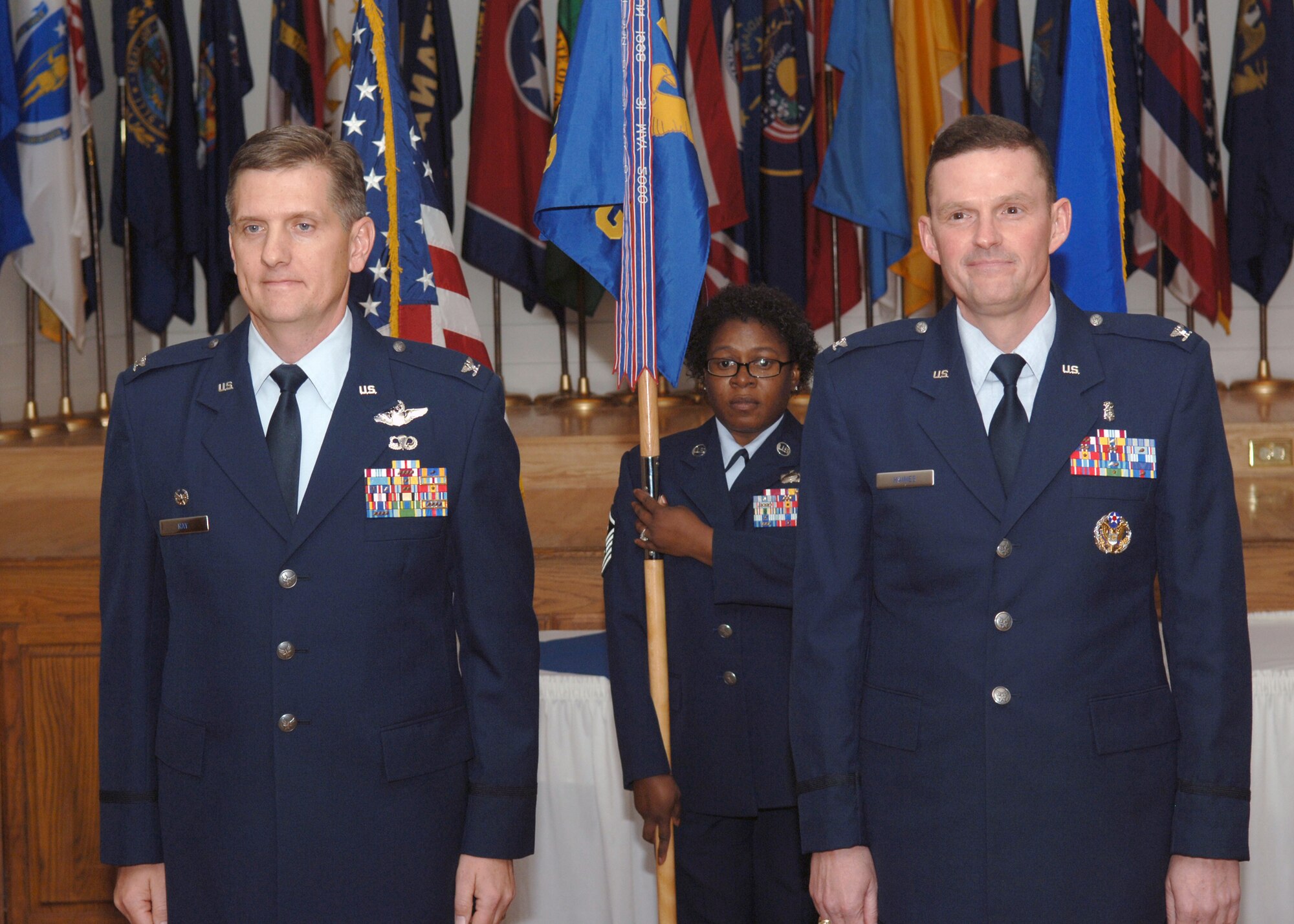 DYESS AIR FORCE BASE, Texas -- Colonel Timothy Ray, 7th bomb Wing commander, (left)  welcomes Colonel Thomas Haines as the new 7th Medical Group commander March 28. (U.S. Air Force photo by Airman 1st Class Breaux) 