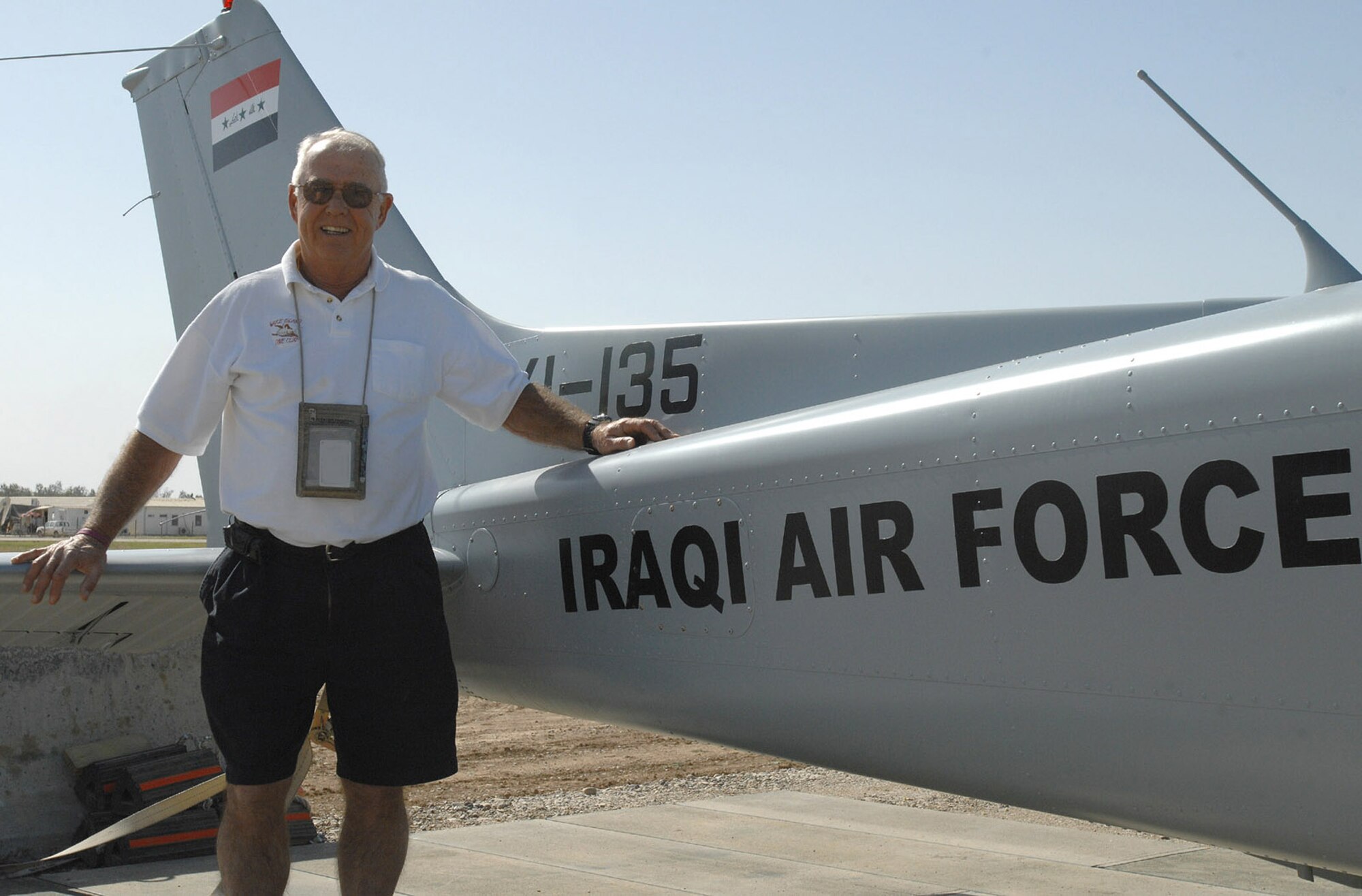 Retired Army Lt. Col. Lott Lawson inspects a Cessna 172 aircraft March 29 Kirkuk Air Base, Iraq. He is a site manager for the maintainence of Iraqi air force aircraft. As coalition forces continue reaching benchmarks to rebuild the Iraqi air force, this former U.S. Army helicopter has helped foreign pilots earn their wings throughout his military and civilian career during training programs in Vietnam, Saudi Arabia and Afghanistan. (U.S. Air Force photo/Senior Airman Eric Schloeffel) 

