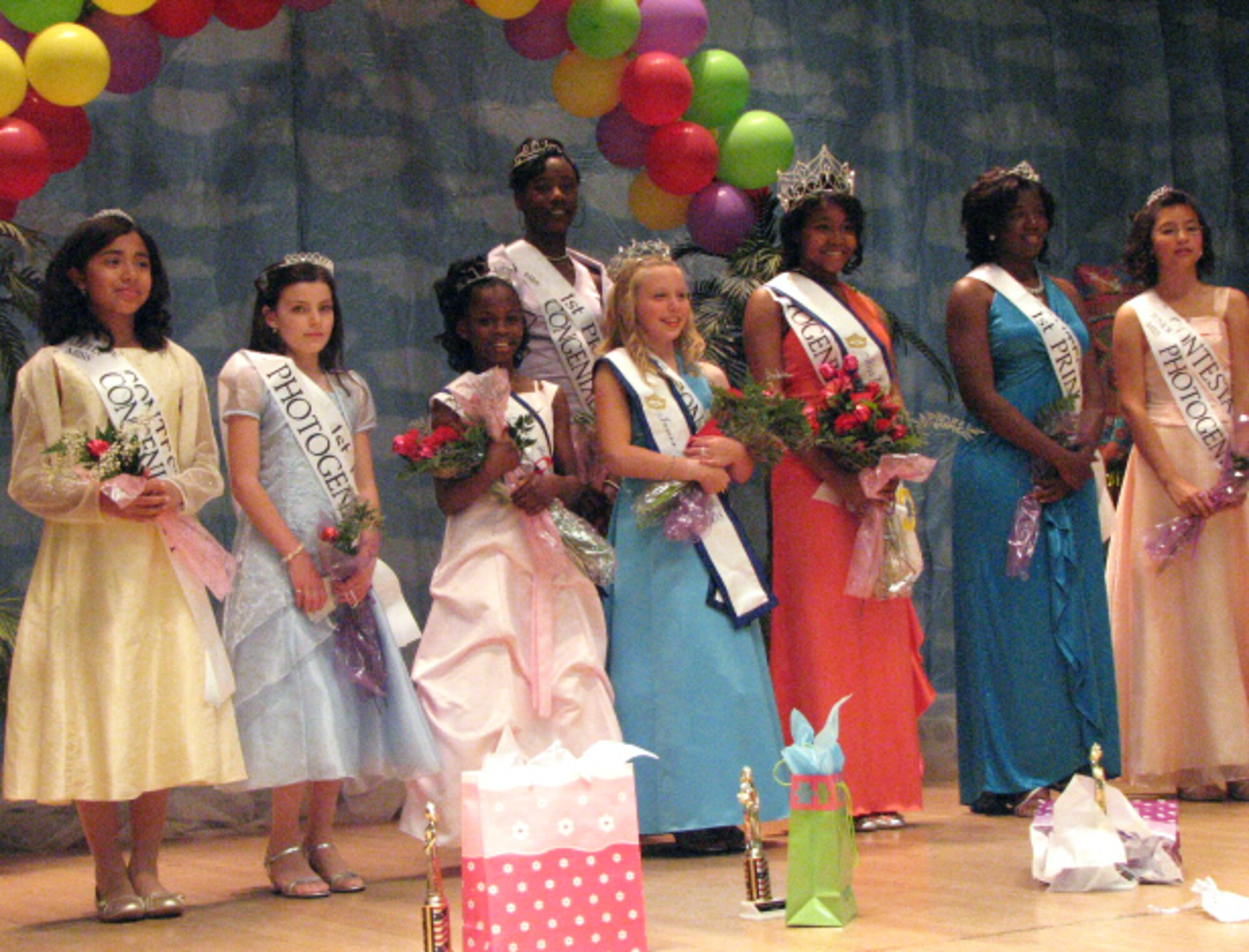 From left to right: Ana Hernandez, Ciana Ferl, 2008 Little Miss Edwards Erica Thomas, Ivanna Taylor (behind), 2008 Junior Miss Edwards Sydney Pfeffer, 2008 Miss Edwards Tyais McBride, Quienna Broadnax and Alexis Baiza competed in the 2008 Miss Edwards Pageant March 29 at  the Oasis Communty Center. The community queens represent Edwards within the Antelope Valley at community parades, various chamber of commerce events, luncheons and special functions. (Courtesy photo)